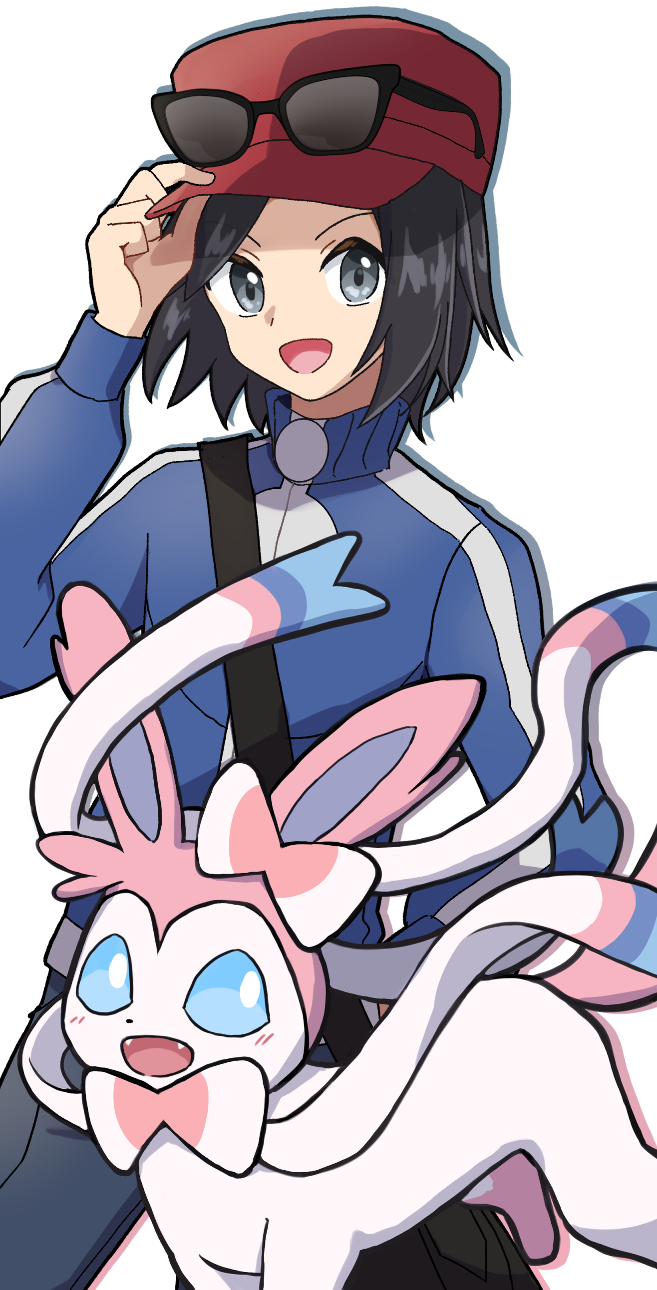yyukisnow, calem (pokemon), sylveon, nintendo, pokemon, pokemon xy, absurdres, commentary request, highres, 1boy, :d, bag, black bag, black hair, blue jacket, eyewear on head, gen 6 pokemon, grey eyes, hand on headwear, hand up, happy, hat, jacket, long sleeves, looking at viewer, male focus, open mouth, pants, pokemon (creature), red hat, short hair, shoulder bag, smile, sunglasses, turtleneck, turtleneck jacket, white background