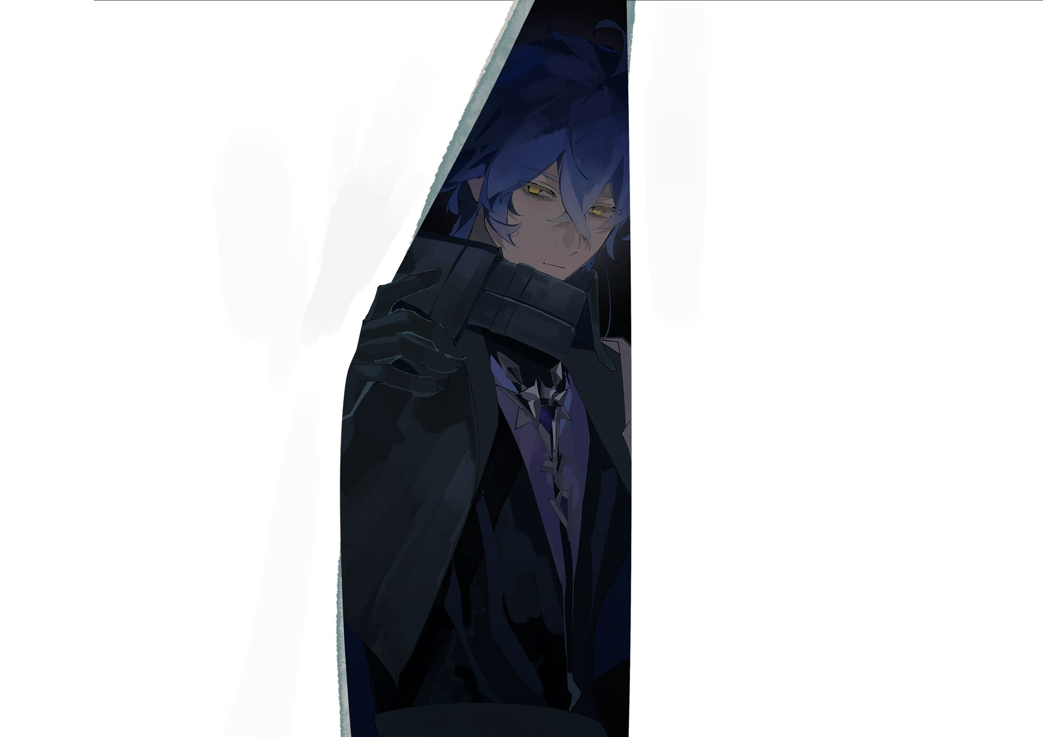 kon (konkon 1011), flins (genshin impact), genshin impact, hashtag-only commentary, highres, 1boy, bags under eyes, black coat, black gloves, blue hair, closed mouth, coat, gloves, head tilt, long hair, long sleeves, looking at viewer, no pupils, solo, white background