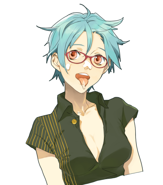 ie, ie (mochi), 1girl, blue hair, breasts, cleavage, collarbone, cum, female focus, glasses, red eyes, short hair, solo, tongue, upper body