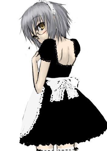 unakiyo, nagato yuki, suzumiya haruhi no yuuutsu, lowres, 00s, back, brown eyes, glasses, grey hair, looking back, maid, short hair, solo