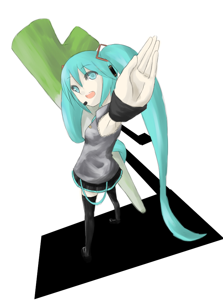 unakiyo, hatsune miku, vocaloid, aqua eyes, aqua hair, long hair, pov, solo, spring onion, thighhighs, twintails