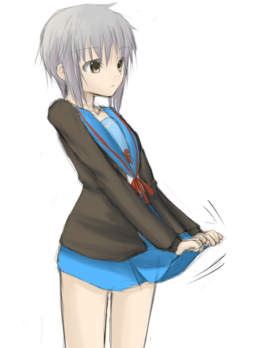 unakiyo, nagato yuki, suzumiya haruhi no yuuutsu, lowres, 00s, brown eyes, clothes lift, grey hair, school uniform, serafuku, short hair, skirt, skirt lift, solo