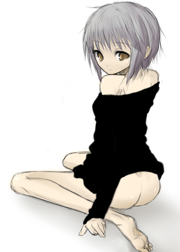unakiyo, nagato yuki, suzumiya haruhi no yuuutsu, lowres, 00s, artistic error, back, bad feet, bare shoulders, barefoot, bottomless, brown eyes, feet, grey hair, looking back, short hair, sitting, solo, wrong foot