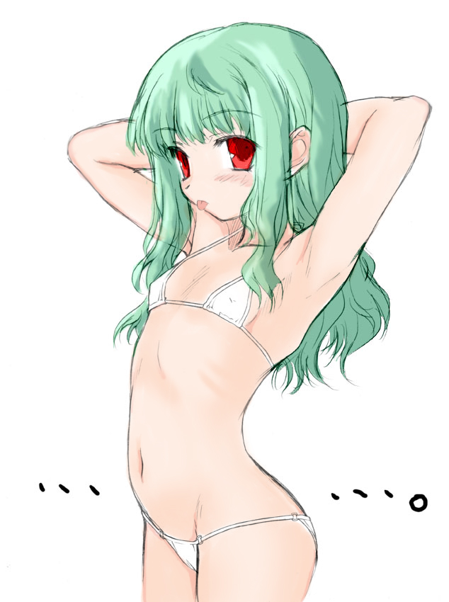 aoi kumiko, vanilla h, broccoli (company), galaxy angel, 00s, 1girl, :p, arched back, arm behind head, armpits, arms up, bikini, blush, cameltoe, covered erect nipples, female focus, flat chest, green hair, loli, long hair, looking at viewer, looking back, lowleg, lowleg bikini, micro bikini, naughty face, profile, red eyes, ribs, sidelocks, simple background, sketch, solo, standing, string bikini, swimsuit, tongue, tongue out, wavy hair, white background, white bikini