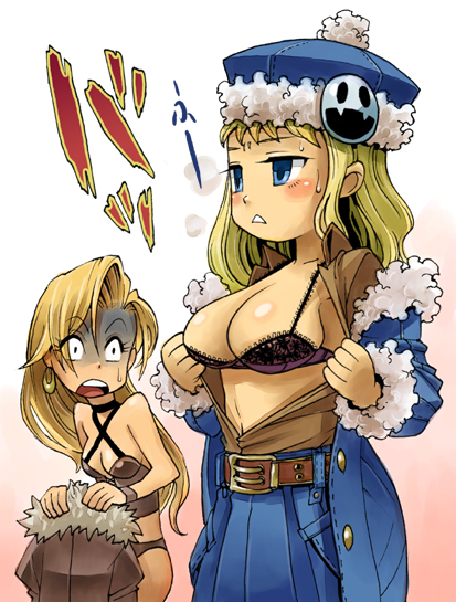 mimonel, dark hunter, dark hunter (sekaiju), dark hunter 2, gunner (sekaiju), gunner 2 (sekaiju), jack frost (megami tensei), atlus, etrian odyssey, sega, shin megami tensei, square enix, 2girls, belt, blonde hair, blue eyes, blush, bra, breast envy, breasts, cleavage, crossover, earrings, hat, jewelry, large breasts, lingerie, long hair, looking at breasts, multiple girls, open clothes, open mouth, open shirt, shirt, small breasts, surprised, turn pale, underwear, undressing