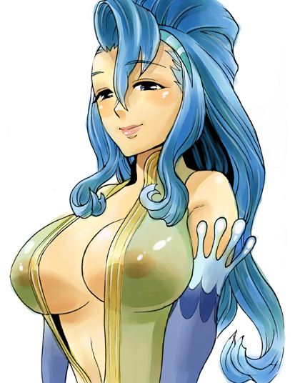 mimonel, original, 1girl, bare shoulders, blue eyes, blue hair, breasts, center opening, cleavage, elbow gloves, female focus, gloves, huge breasts, large breasts, long hair, matching hair/eyes, see-through clothes, simple background, smile, solo