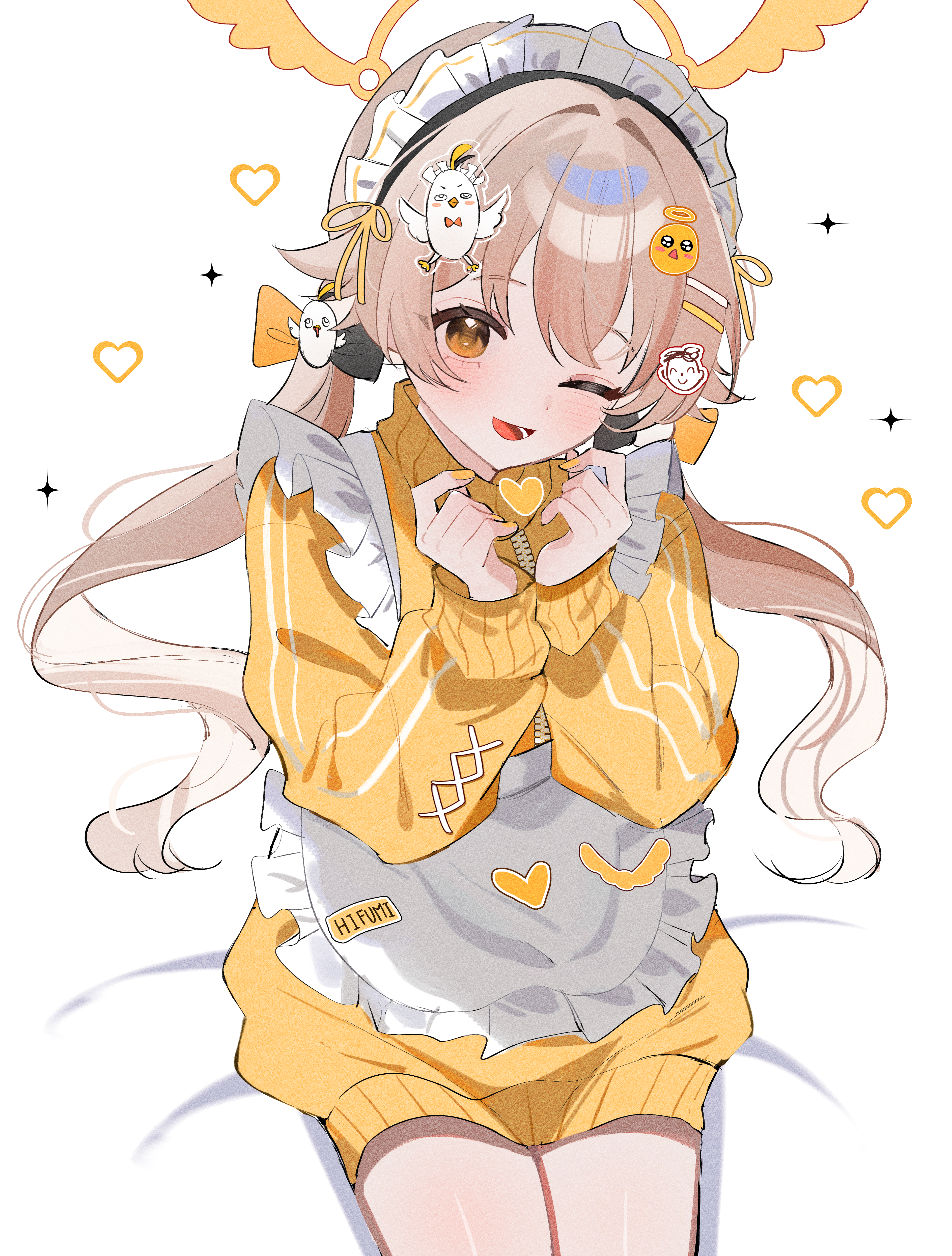 shusuchii, doodle sensei (blue archive), hifumi (blue archive), peroro (blue archive), sensei (blue archive), blue archive, absurdres, commentary, highres, symbol-only commentary, 1girl, apron, hair ornament, halo, jacket, jersey maid, long hair, maid, maid headdress, one eye closed, open mouth, solo, twintails, unconventional maid, white apron, wing hair ornament, yellow halo