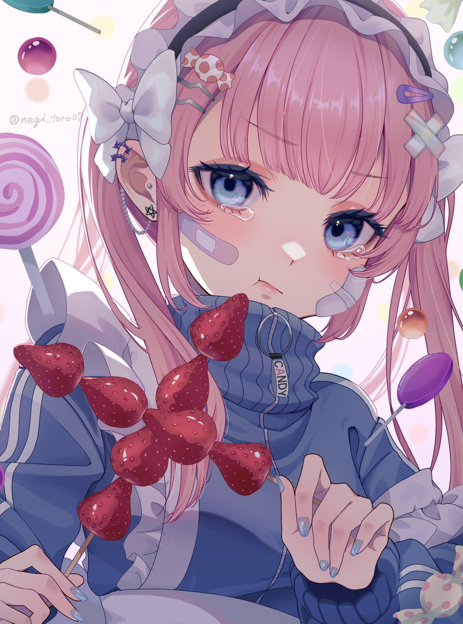 amanegi toro, original, highres, 1girl, bandaid, blue eyes, bow, candy, food, fruit, hair ornament, jersey maid, lollipop, looking at viewer, maid, nail polish, pink hair, simple background, solo, strawberry, sweater, tearing up, twintails, unconventional maid, upper body, white background