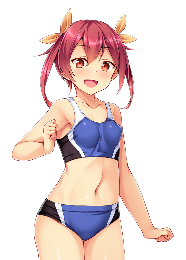satou kuuki, game cg, large variant set, non-web source, official art, variant set, 1girl, :d, bare arms, bare shoulders, blue buruma, blue sports bra, blush, bow, breasts, buruma, collarbone, covered erect nipples, cowboy shot, fang, fujii natsumi (ysphere), hair between eyes, hair ribbon, long hair, looking at viewer, midriff, navel, open mouth, red eyes, red hair, ribbon, simple background, small breasts, smile, solo, soukou seiki ysphere, sports bikini, sports bra, standing, track uniform, transparent background, twintails, two-tone sports bra, white background, yellow bow, yellow ribbon