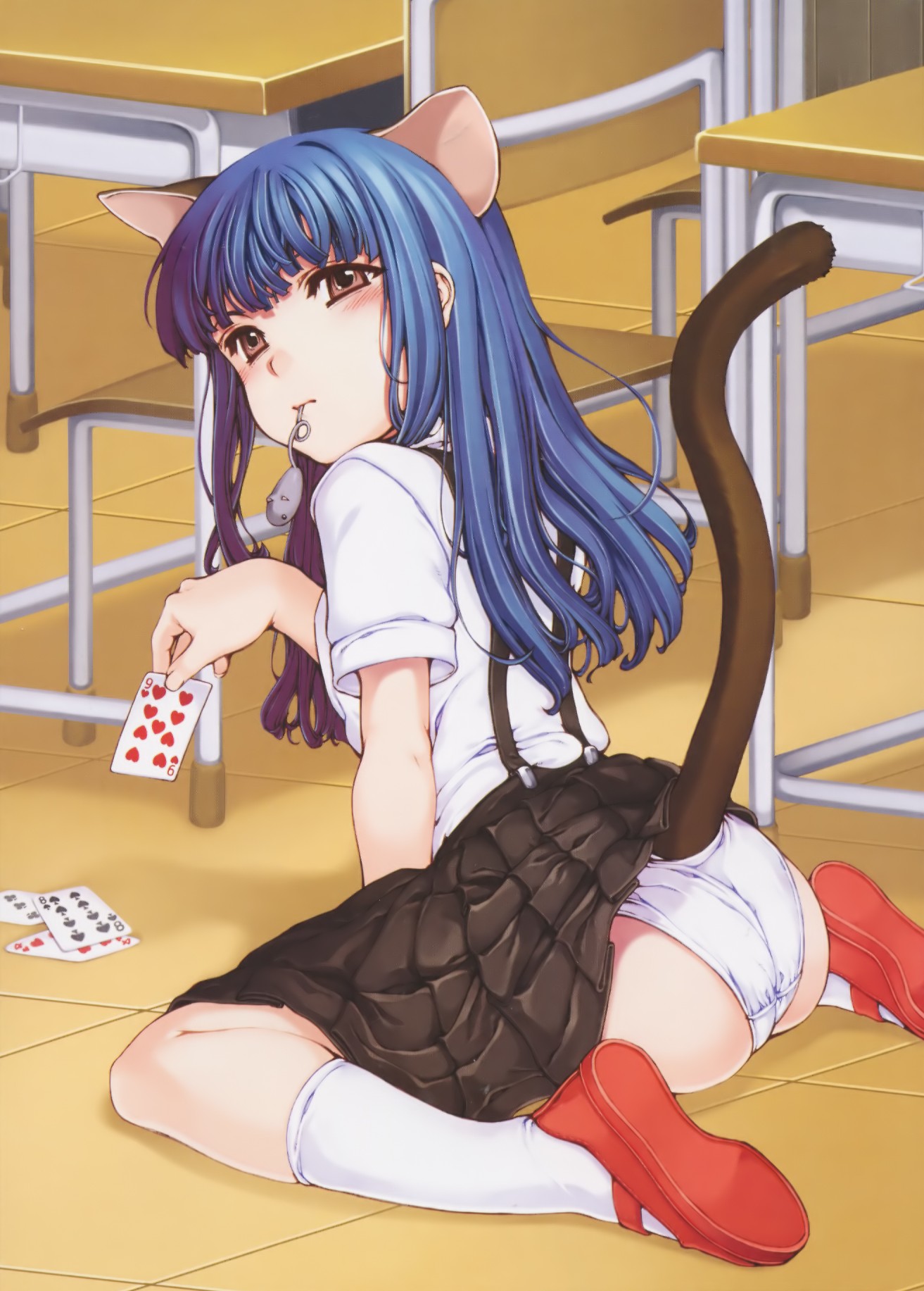 furude rika, higurashi no naku koro ni, looking away, highres, 00s, 1girl, animal ears, arm support, ass, blue hair, blunt bangs, brown eyes, card, cat ears, cat tail, chair, classroom, clothes lift, desk, female focus, holding, holding card, indoors, kemonomimi mode, kneeling, knees, long hair, mary janes, mouse (animal), mouth hold, panties, red shoes, school, school desk, school uniform, serafuku, shoes, short sleeves, sitting, skirt, skirt lift, socks, solo, suspender skirt, suspenders, tail, underwear, upskirt, wariza, white socks