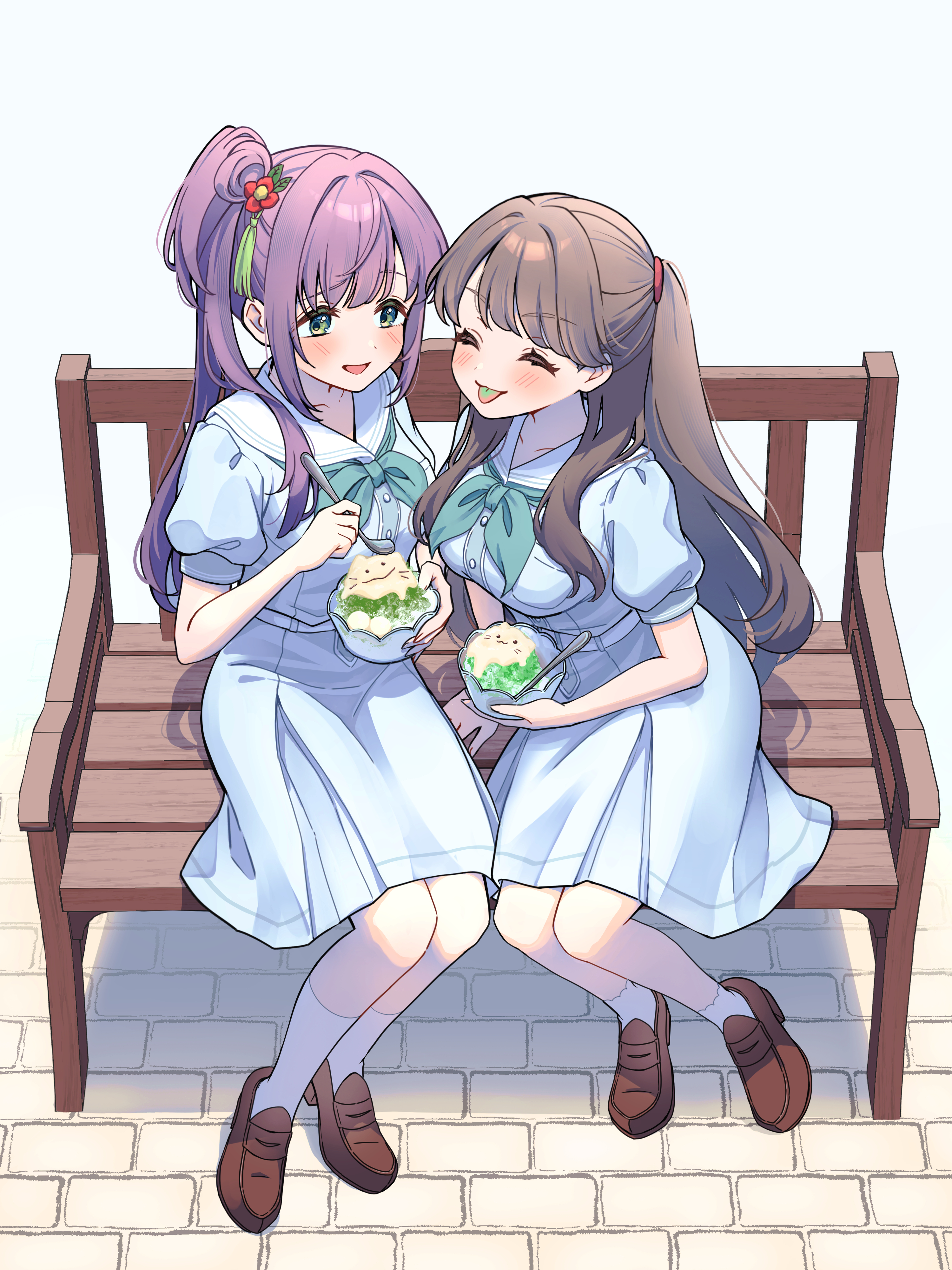 hiyori (20hiyori727), fujishima megumi, otomune kozue, link! like! love live!, love live!, absurdres, commentary request, highres, 2girls, :3, ^ ^, aqua neckerchief, bench, blue dress, blush, bowl, breast pocket, breasts, brown hair, brown shoes, closed eyes, closed mouth, collarbone, colored tongue, dress, flower, food, green eyes, green tongue, hair bun, hair flower, hair intakes, hair ornament, hanamiya nina (style), hasu no sora school uniform, holding, holding bowl, holding spoon, large breasts, loafers, long hair, looking at another, medium dress, multiple girls, neckerchief, on bench, open mouth, pleated dress, pocket, puffy short sleeves, puffy sleeves, raised inner eyebrows, red flower, sailor collar, sailor dress, school uniform, shaved ice, shoes, short sleeves, side ponytail, sidelocks, simple background, single side bun, sitting, socks, spoon, summer uniform, tassel, tassel hair ornament, tongue, tongue out, two side up, virtual youtuber, white background, white sailor collar, white socks, wooden bench