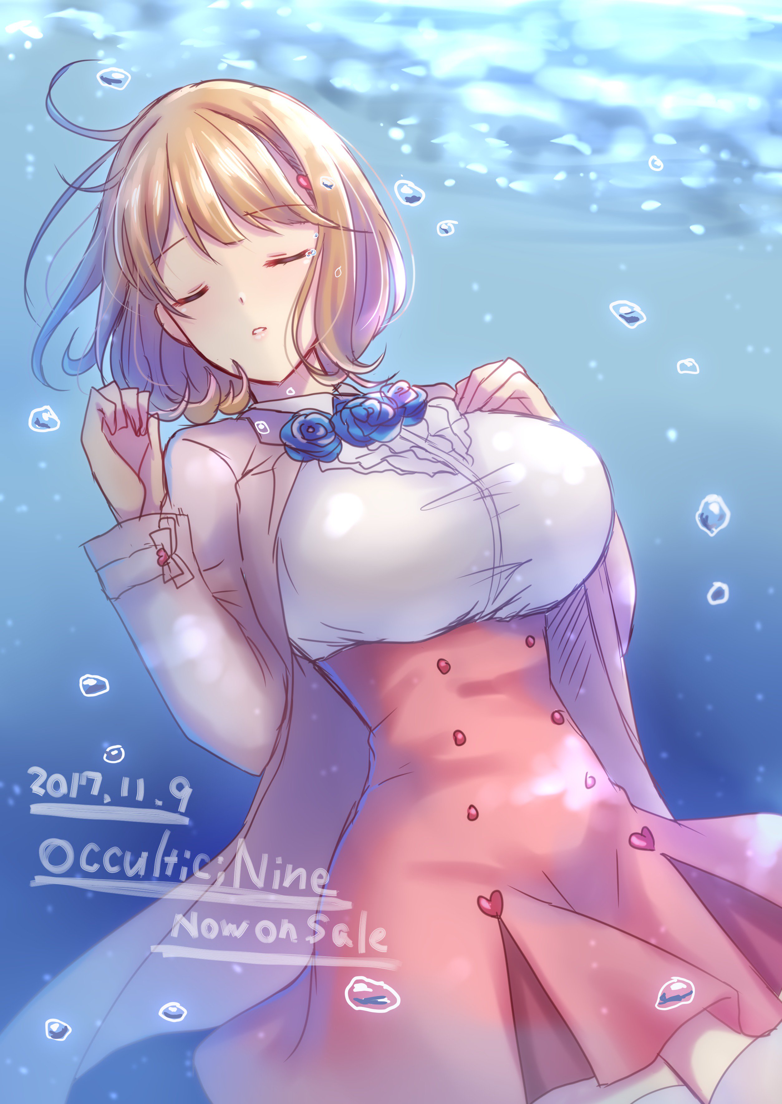 nishijou myu, narusawa ryouka, occultic;nine, science adventure, absurdres, commentary request, highres, 1girl, air bubble, announcement, announcement celebration, blue flower, blue rose, bow, breasts, brown hair, bubble, buttons, center frills, clenched hand, closed eyes, collared shirt, copyright name, cowboy shot, dated, double-breasted, dutch angle, flower, frilled shirt, frills, grey bow, grey jacket, hair ornament, hand on own chest, hand up, heart, heart hair ornament, high-waist skirt, hip focus, huge breasts, jacket, long sleeves, miniskirt, narrow waist, open clothes, open jacket, parted lips, pink skirt, pleated skirt, release date, rose, shirt, short hair, skirt, solo, submerged, taut clothes, taut shirt, thighhighs, underbust, underwater, water, white shirt, white thighhighs, zettai ryouiki