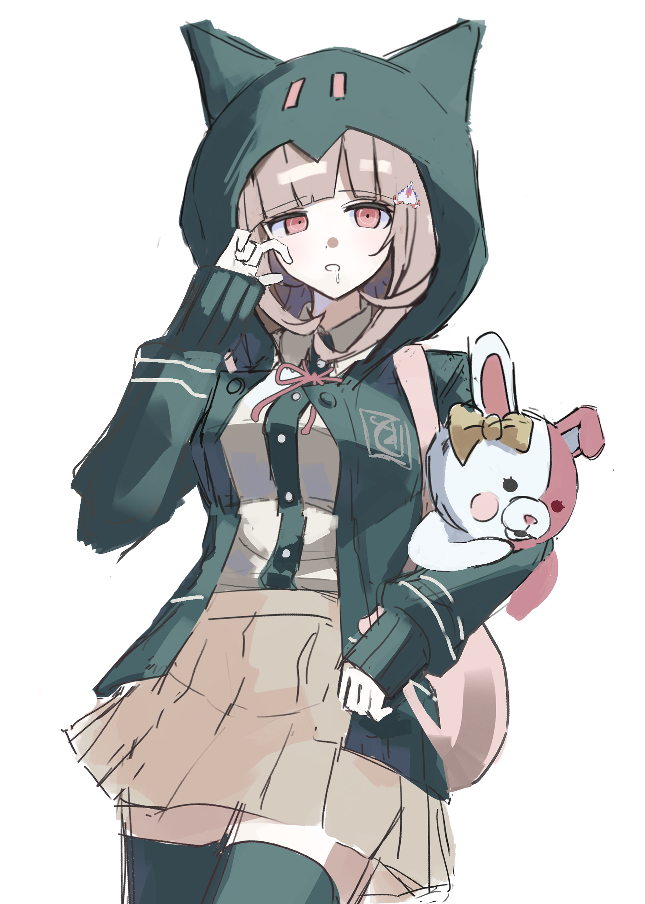 rishaku (user cuwx8758), monomi (danganronpa), nanami chiaki, danganronpa (series), danganronpa 2: goodbye despair, absurdres, highres, 1girl, black jacket, black thighhighs, breasts, brown hair, brown skirt, drooling, hair ornament, hand up, hood, hooded jacket, jacket, large breasts, medium hair, miniskirt, neck ribbon, open clothes, open jacket, pleated skirt, ribbon, simple background, skirt, thighhighs, two-tone shirt, white background