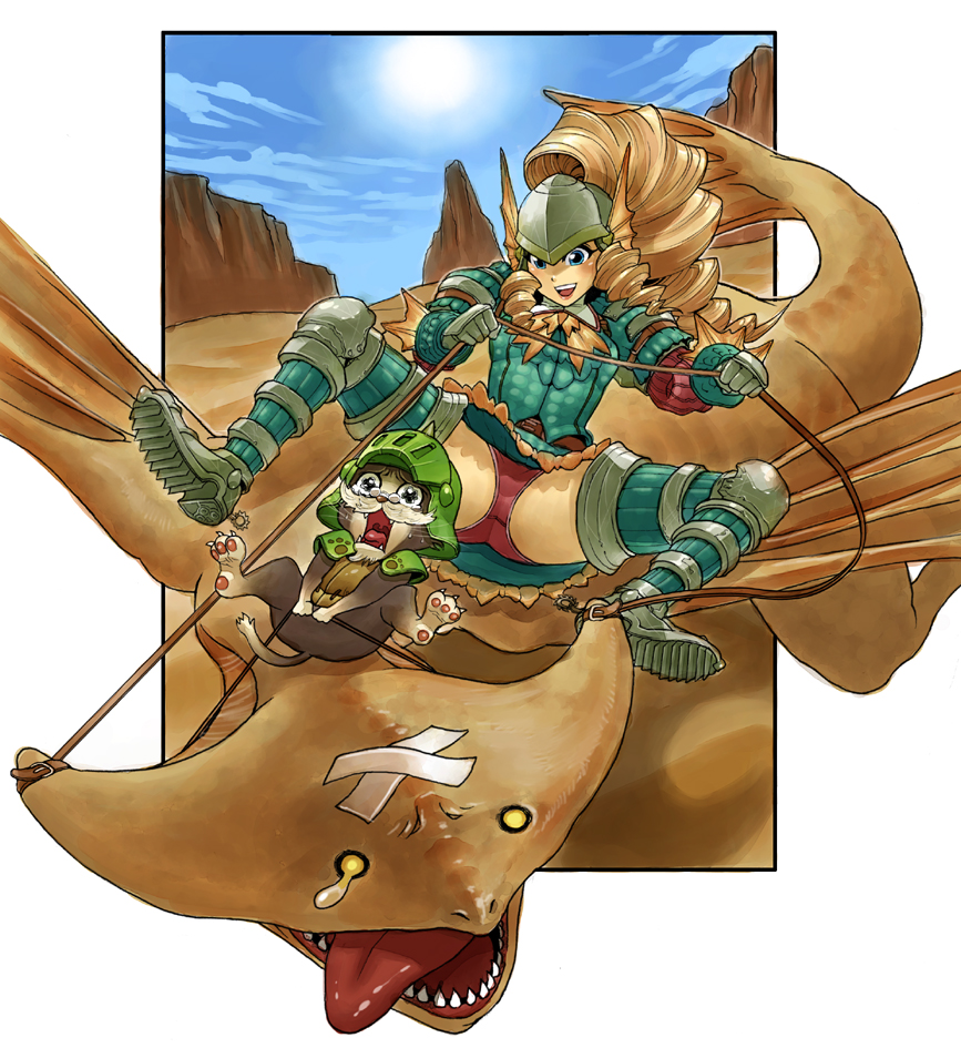 mimonel, cephadrome, melynx, capcom, monster hunter (series), 1girl, armor, bandages, blue eyes, brown hair, cat, drill hair, facial hair, flying, glasses, helmet, long hair, monster, multiple riders, mustache, panties, pantyshot, riding, tears, tongue, tongue out, underwear