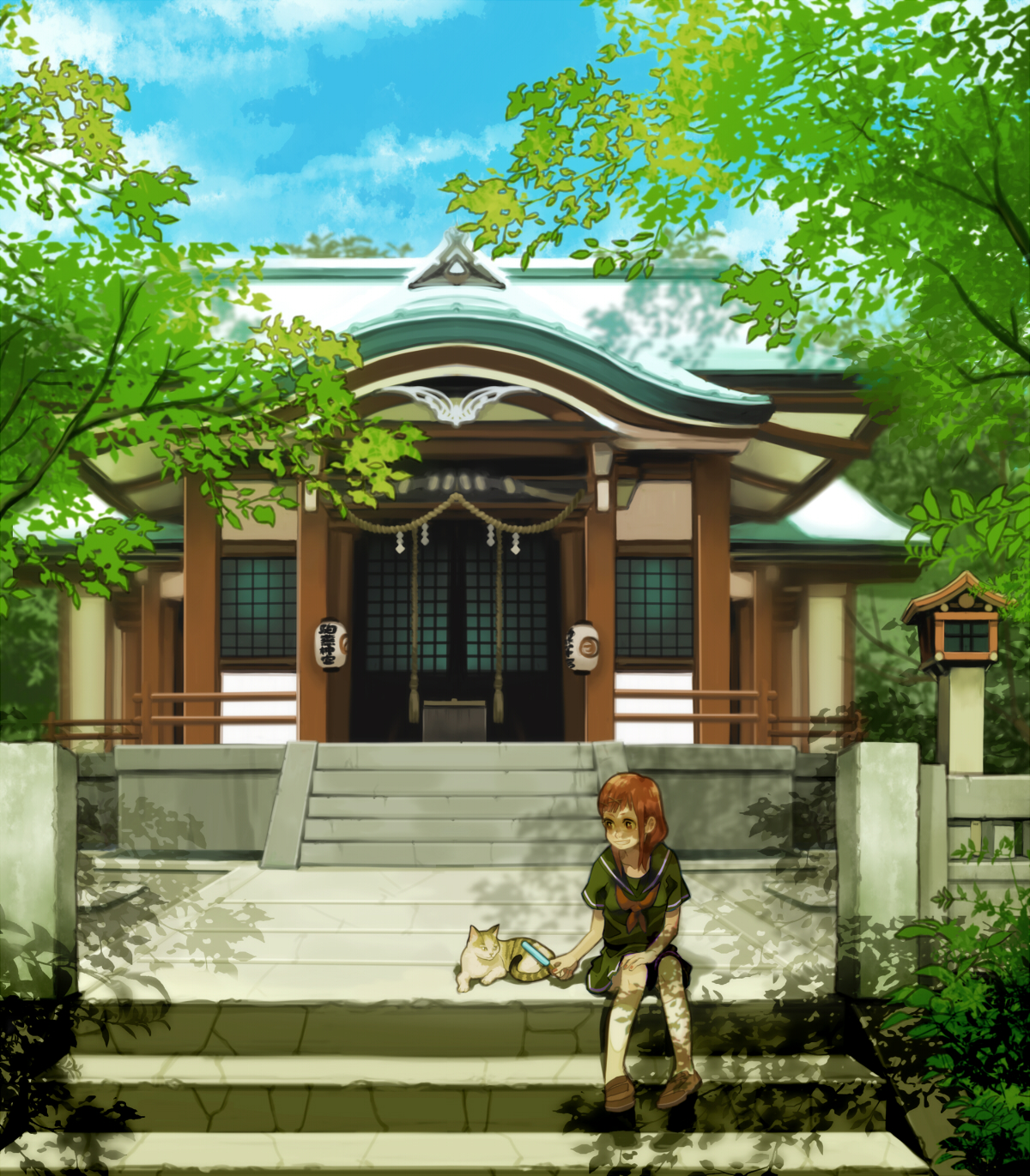 haruo (clownberry), original, bad id, bad pixiv id, highres, 1girl, blue sky, box, brown hair, cat, day, donation box, female focus, food, green theme, grin, icicle, lantern, nature, popsicle, rope, scenery, school uniform, serafuku, shade, shide, shimenawa, shrine, shrine bell, sitting, sitting on stairs, sky, slice of life, smile, solo, stairs, tree