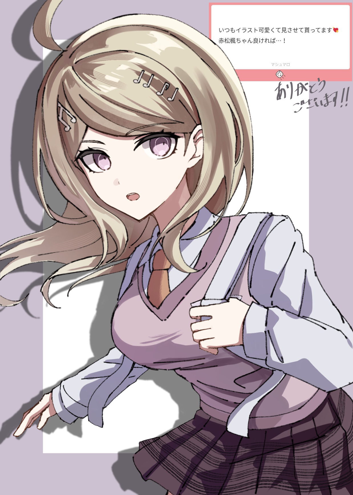 rishaku (user cuwx8758), akamatsu kaede, danganronpa (series), danganronpa v3: killing harmony, highres, translation request, 1girl, :o, ahoge, blonde hair, breasts, brown necktie, brown skirt, collared shirt, large breasts, long hair, long sleeves, necktie, pink background, pink eyes, pink sweater vest, pleated skirt, shirt, skirt, solo, sweater vest, white background, white shirt