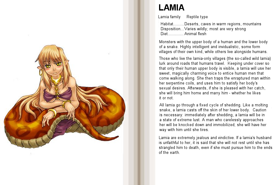 kenkou cross, lamia (monster girl encyclopedia), monster girl encyclopedia, bad link, hard-translated, official art, third-party edit, translated, 1girl, blonde hair, blush, bracelet, breasts, brown hair, chain, character profile, choker, earrings, english text, female focus, jewelry, lamia, large breasts, long hair, monster girl, pointy ears, scales, single earring, slit pupils, snake, solo, tail, yellow eyes