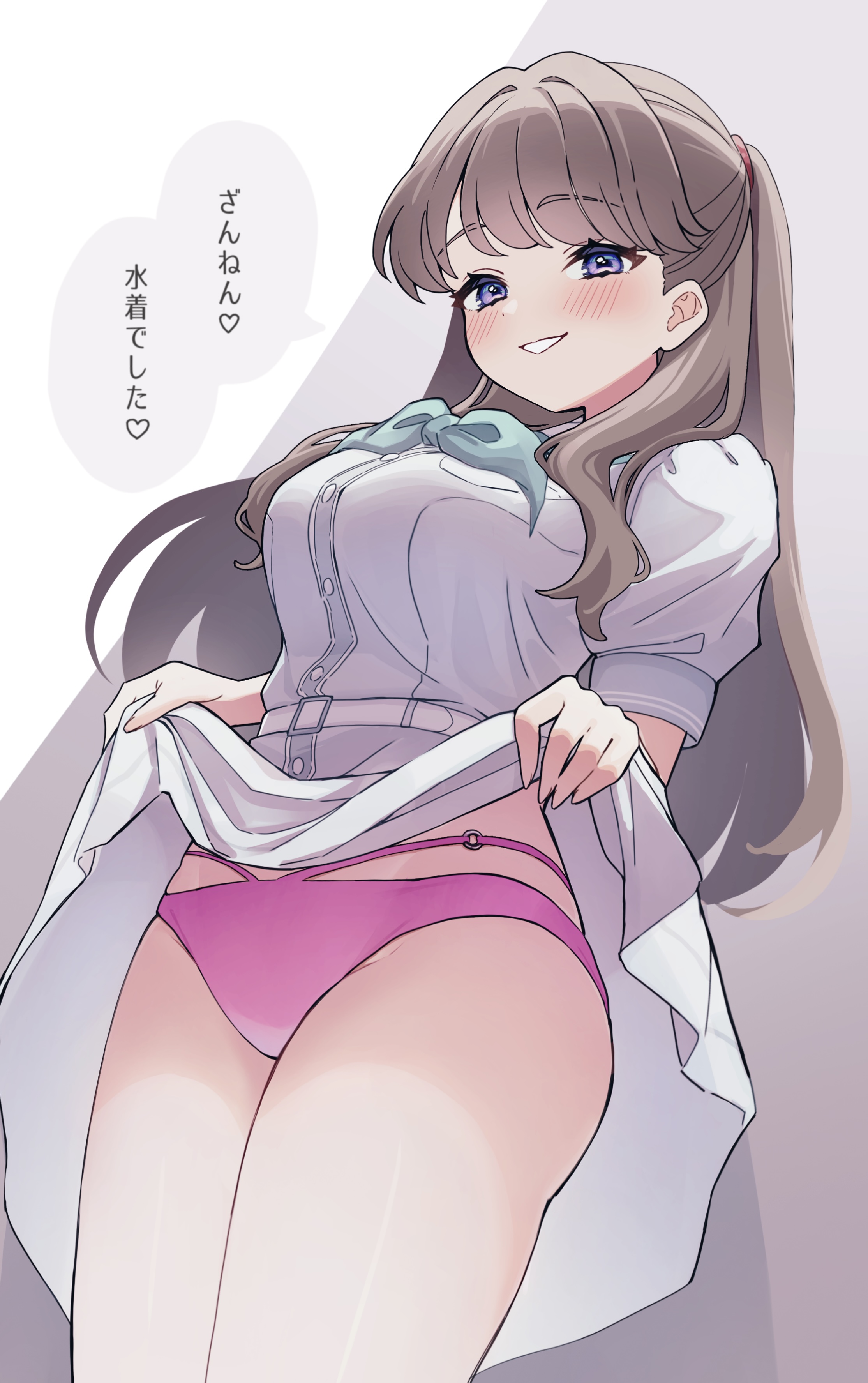 hiyori (20hiyori727), fujishima megumi, fujishima megumi (swimsuit), link! like! love live!, love live!, absurdres, commentary request, highres, partial commentary, translation request, 1girl, aqua neckerchief, bikini, bikini under clothes, breasts, brown hair, clothes lift, cowboy shot, dress, dress lift, grey background, grin, hair intakes, hasu no sora school uniform, heart, large breasts, lifting own clothes, long hair, multi-strapped bikini bottom, neckerchief, o-ring, o-ring bikini, o-ring bottom, official alternate costume, pink bikini, purple eyes, school uniform, short sleeves, smile, smug, solo, speech bubble, spoken heart, standing, summer uniform, swimsuit, two side up, virtual youtuber, white dress