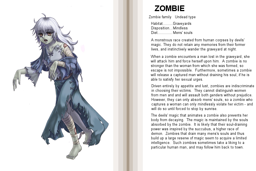 kenkou cross, zombie (monster girl encyclopedia), monster girl encyclopedia, bad link, hard-translated, official art, third-party edit, translated, 1girl, bandages, blush, brown eyes, character profile, colored skin, empty eyes, english text, female focus, grey hair, grey skin, long hair, monster girl, open mouth, solo, torn clothes, undead, yellow eyes, zombie