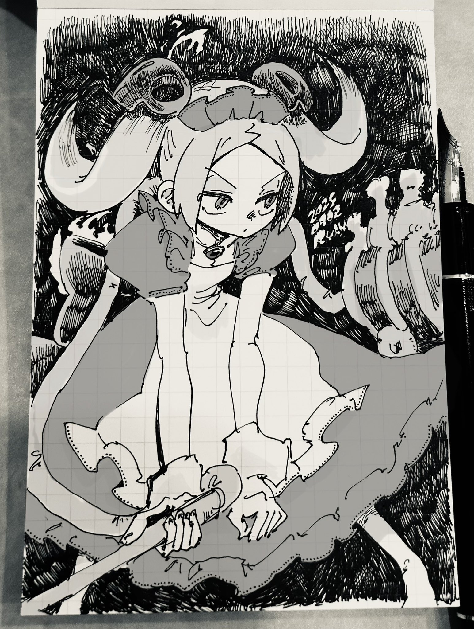 ryantoruhuhu, bloody marie (skullgirls), skullgirls, traditional media, 1girl, 2025, adapted costume, apron, black nails, dated, dress, facing viewer, frilled apron, frilled dress, frills, grey hair, greyscale, hair ornament, leaning forward, looking to the side, maid headdress, monochrome, puffy short sleeves, puffy sleeves, short sleeves, skull hair ornament, solo, twintails, vacuum cleaner, wrist cuffs