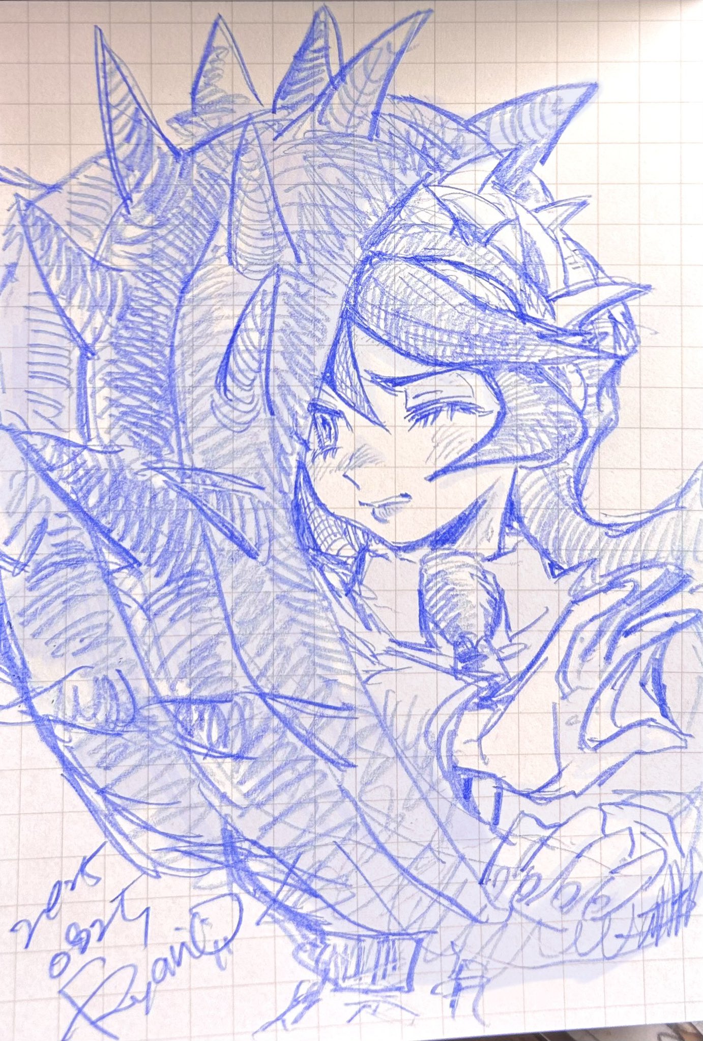 ryantoruhuhu, filia (skullgirls), samson (skullgirls), skullgirls, traditional media, 1girl, 2025, blocking, blush, dated, frown, graph paper, grimace, lips, long hair, necktie, one eye closed, prehensile hair, solo, tentacle hair
