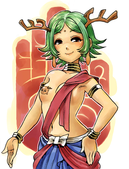 mimonel, sento-kun, 1girl, antlers, armpits, bindi, bracelet, breasts, censored, choker, facial mark, female focus, forehead mark, green hair, happy, horns, jewelry, looking at viewer, no bra, pasties, short hair, simple background, small breasts, smile, solo, topless female, wristband