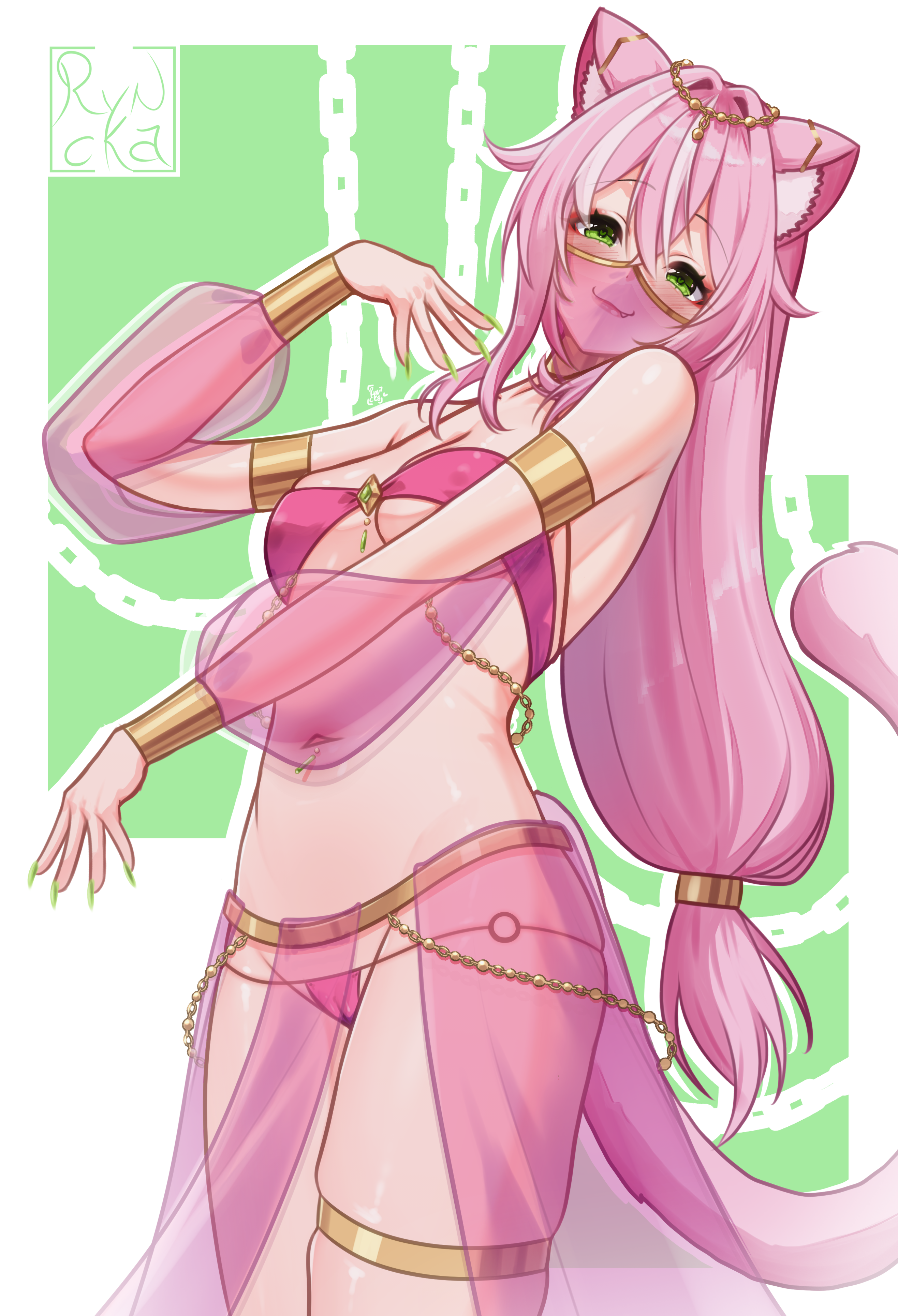 ryncka, enya yoruneko, indie virtual youtuber, 1girl, animal ears, arm at side, armlet, blush, breasts, cameltoe, cape, cat ears, cat girl, cat tail, closed mouth, collarbone, detached sleeves, dot nose, eyelashes, fang, feet out of frame, female focus, from side, grey background, hand up, harem outfit, jewelry, loincloth, long hair, looking at viewer, looking to the side, medium breasts, mouth veil, navel, panties, pink cape, pink loincloth, pink panties, pink sleeves, pink tube top, pink veil, simple background, smile, solo, standing, strapless, tail, thighlet, tube top, two-tone background, underwear, veil, virtual youtuber, waist cape, white background
