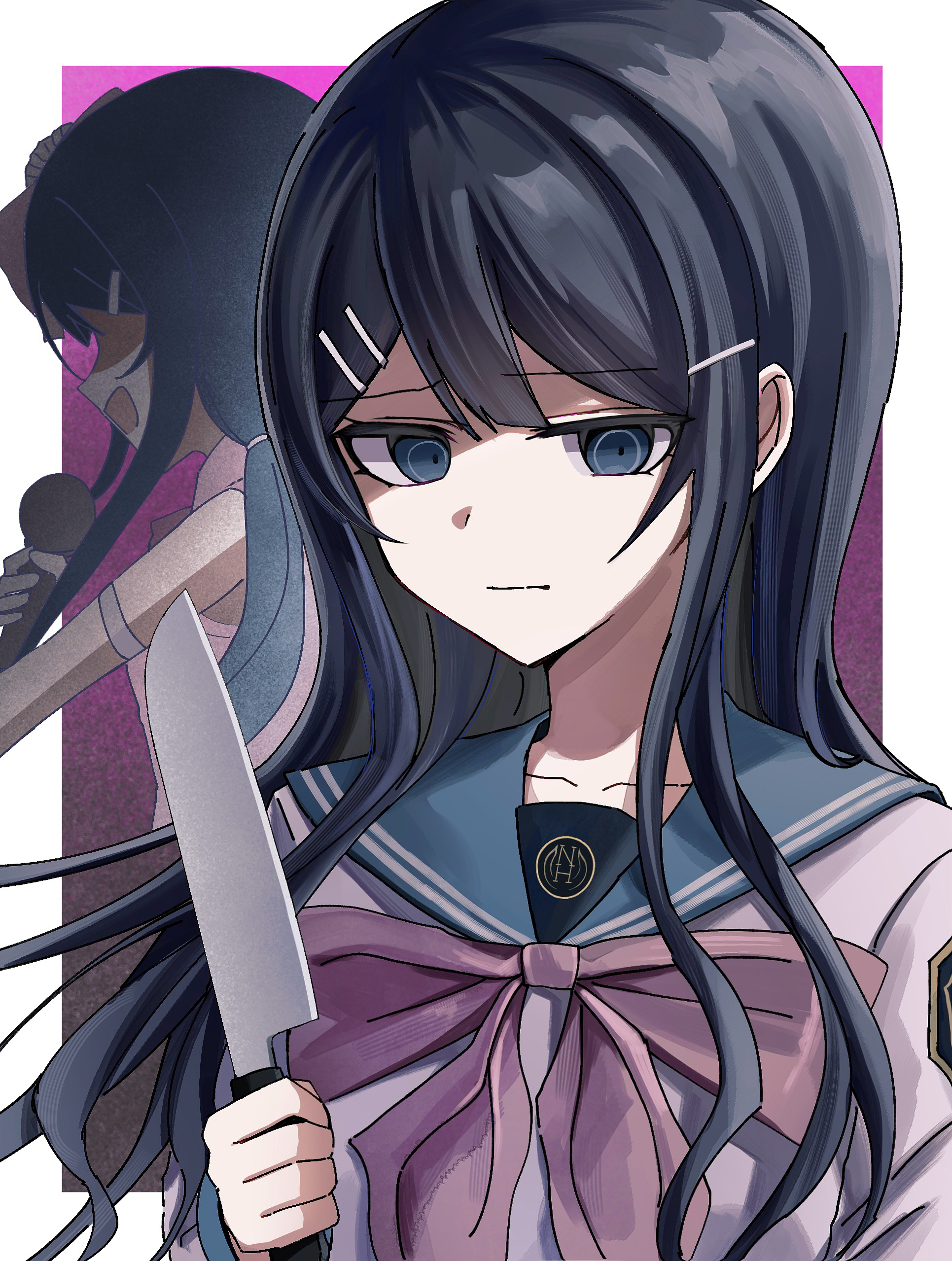 rishaku (user cuwx8758), maizono sayaka, danganronpa: trigger happy havoc, danganronpa (series), absurdres, highres, 1girl, black eyes, black hair, blue sailor collar, bow, bowtie, closed mouth, frown, hair ornament, hairclip, holding, holding knife, holding microphone, idol, knife, long hair, microphone, multiple views, pink background, pink bow, pink bowtie, sailor collar, school uniform, solo, upper body, white background