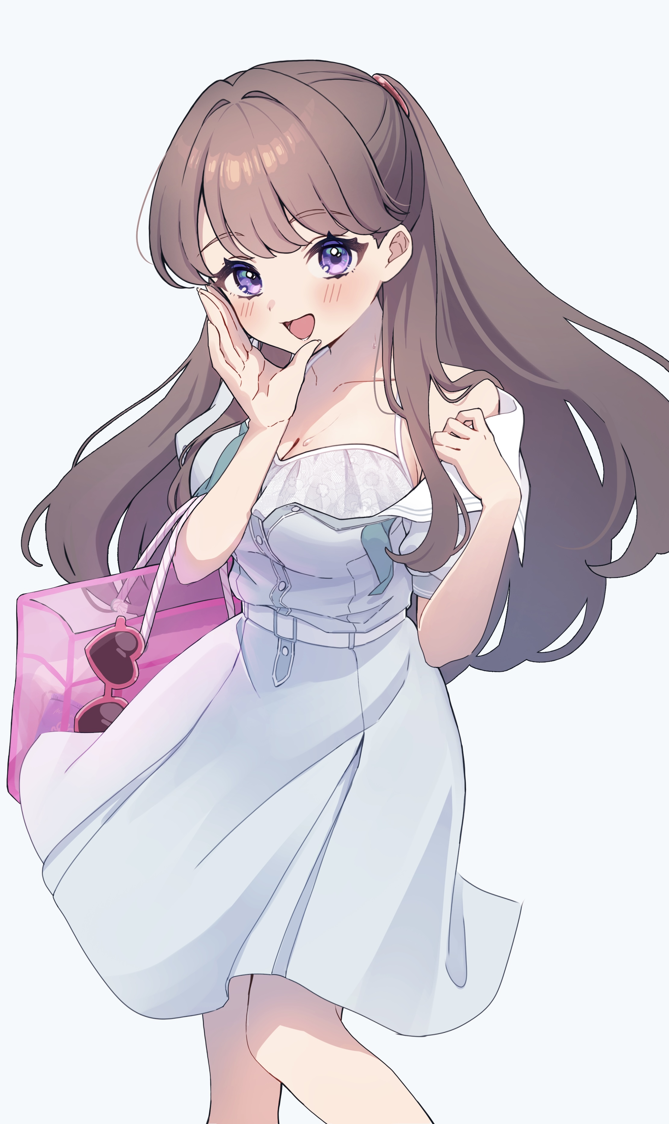 hiyori (20hiyori727), fujishima megumi, fujishima megumi (swimsuit), link! like! love live!, love live!, absurdres, commentary request, highres, partial commentary, 1girl, :d, bikini, bikini under clothes, breasts, brown hair, cleavage, clothes pull, collarbone, dress, dress pull, elbow carry, eyewear hang, feet out of frame, grin, hair intakes, hasu no sora school uniform, heart, heart-shaped eyewear, large breasts, long hair, looking at viewer, medium dress, neckerchief, official alternate costume, open clothes, open dress, open mouth, pink-framed eyewear, pink bag, pleated dress, pulling own clothes, purple eyes, school uniform, short sleeves, simple background, smile, solo, spoken heart, standing, summer uniform, sunglasses, swimsuit, transparent bag, two side up, undone neckerchief, unworn eyewear, virtual youtuber, white background, white bikini, white dress