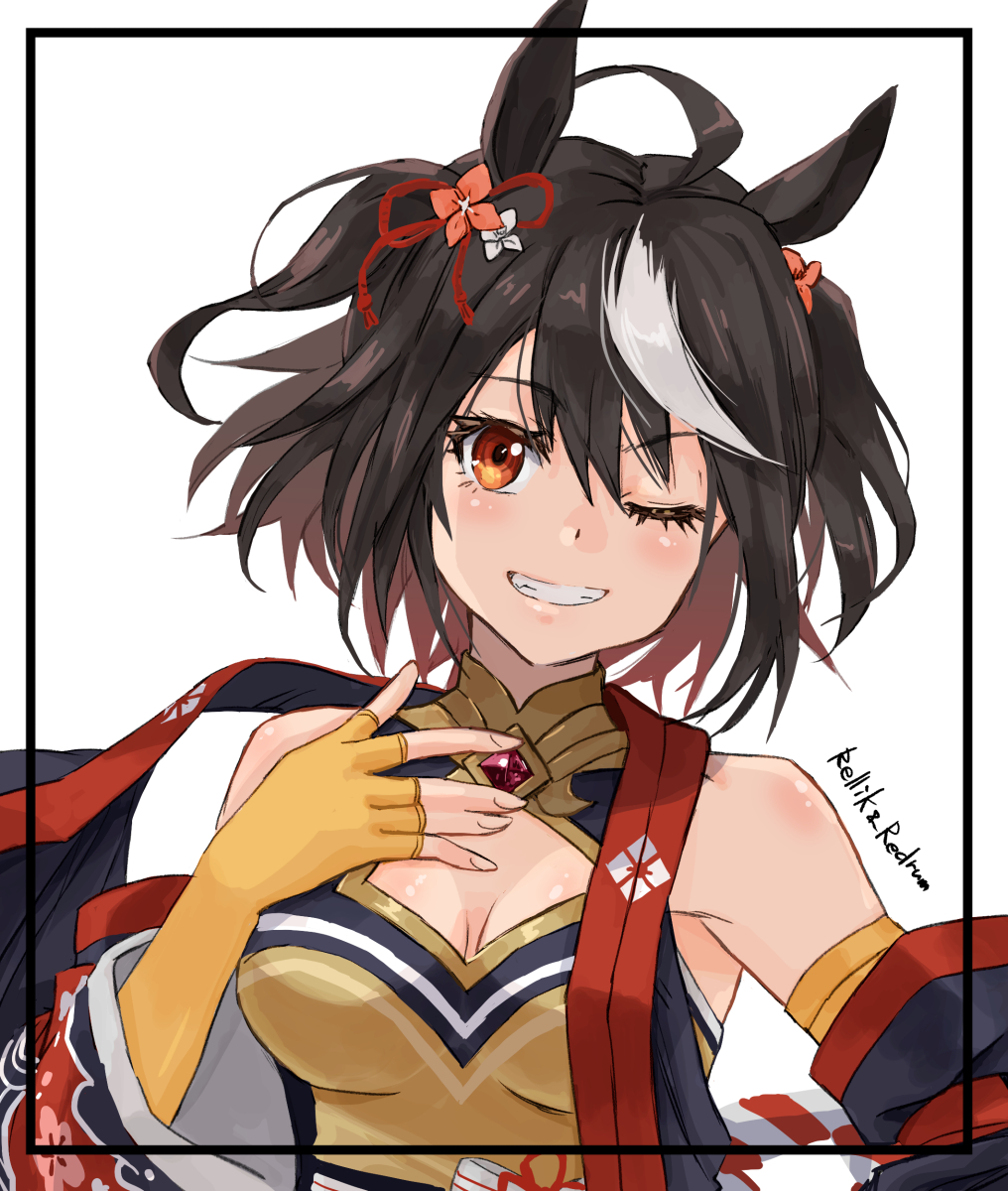 jun (rellik & redrum), kitasan black (umamusume), umamusume, highres, 1girl, animal ears, black hair, breasts, bridal gauntlets, cleavage, detached sleeves, horse ears, horse girl, looking at viewer, one eye closed, red eyes, smile, solo, striped hair, teeth, two side up