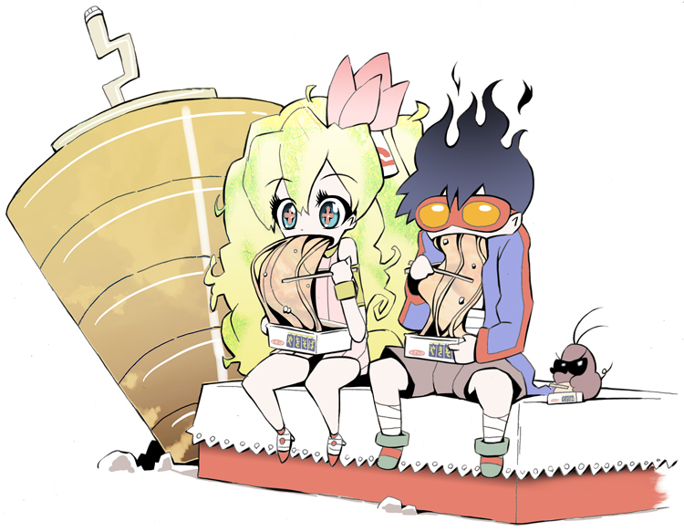 hissatsukun, boota (ttgl), nia teppelin, simon (ttgl), tengen toppa gurren lagann, 00s, chibi, chopsticks, cup ramen, drill, eating, goggles, instant soba, yakisoba