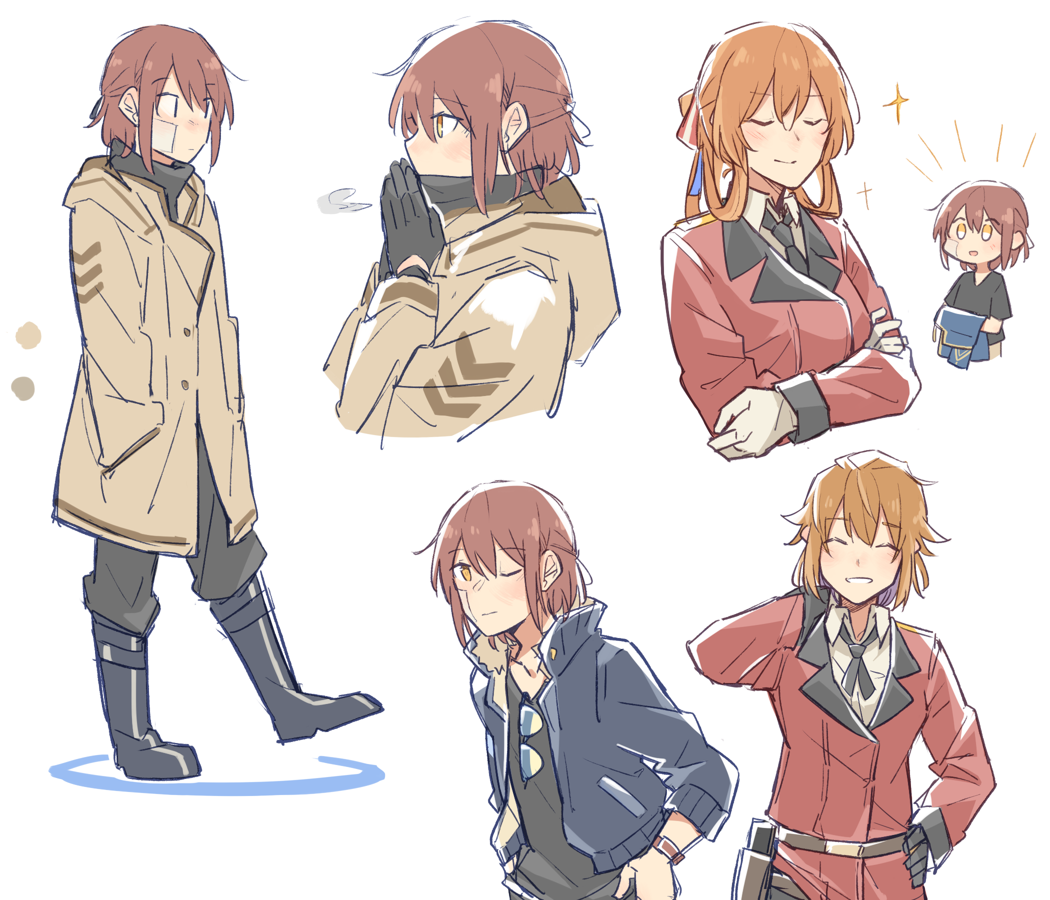xinhao, grizzly mkv (girls' frontline), springfield (girls' frontline), girls' frontline, highres, 2girls, 3girls, blush, boots, brown hair, gloves, long sleeves, military uniform, multiple girls, smile