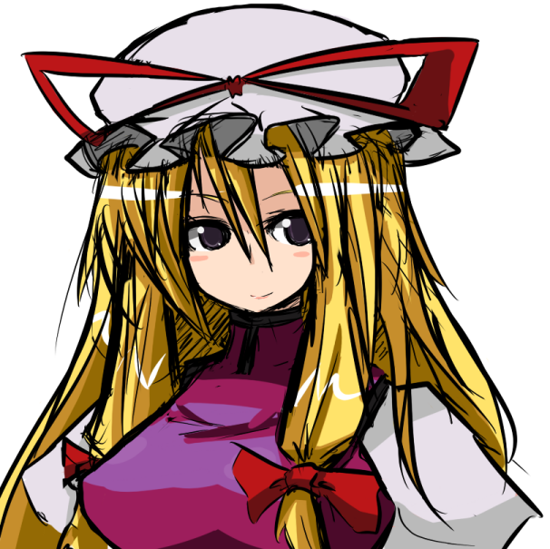 raito (itoraito), yakumo yukari, touhou, 1girl, blonde hair, bow, breasts, female focus, hat, simple background, solo, upper body, white background