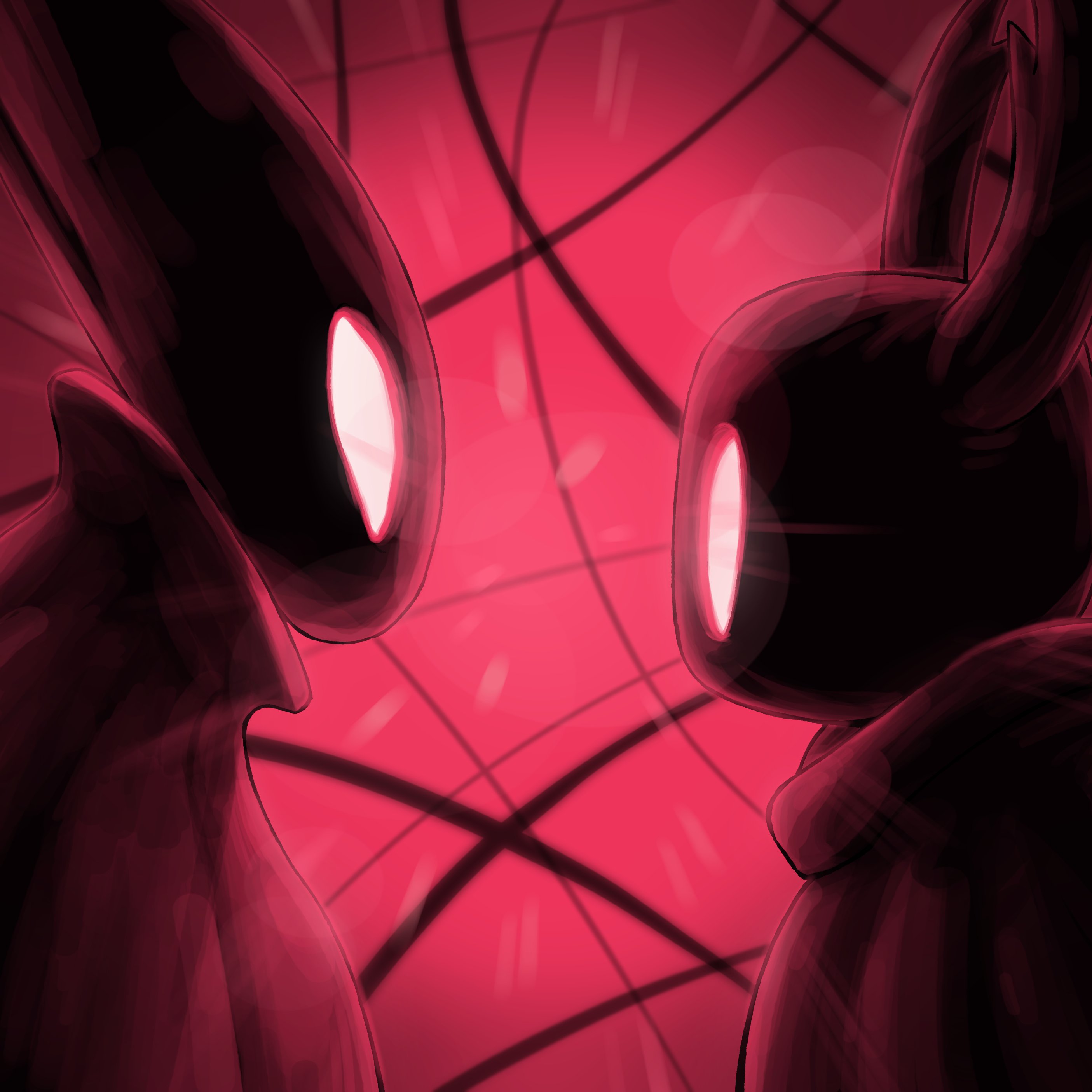 sharpski, hornet (hollow knight), knight (hollow knight), hollow knight: silksong, absurdres, highres, 1girl, 1other, black skin, cloak, colored skin, eye contact, from side, glowing, glowing eyes, hollow eyes, looking at another, mask, red background, red theme
