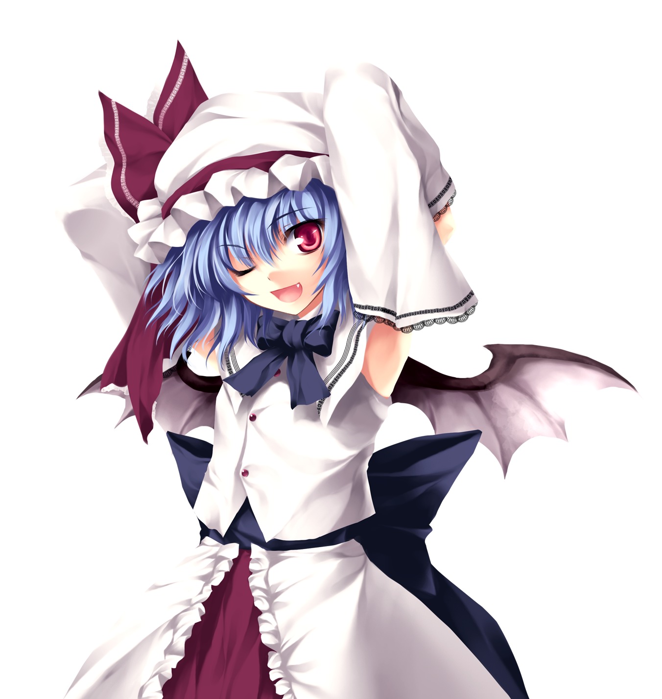 tateha (marvelous grace), remilia scarlet, touhou, highres, 1girl, ;d, alternate costume, bat wings, black bow, blue hair, bow, buttons, collared shirt, detached sleeves, fang, female focus, frilled skirt, frills, hat, hat ribbon, mob cap, one eye closed, open mouth, red eyes, red ribbon, ribbon, sash, shirt, shirt bow, simple background, skirt, sleeveless, sleeveless shirt, smile, solo, white background, white hat, white shirt, white sleeves, wings, wink