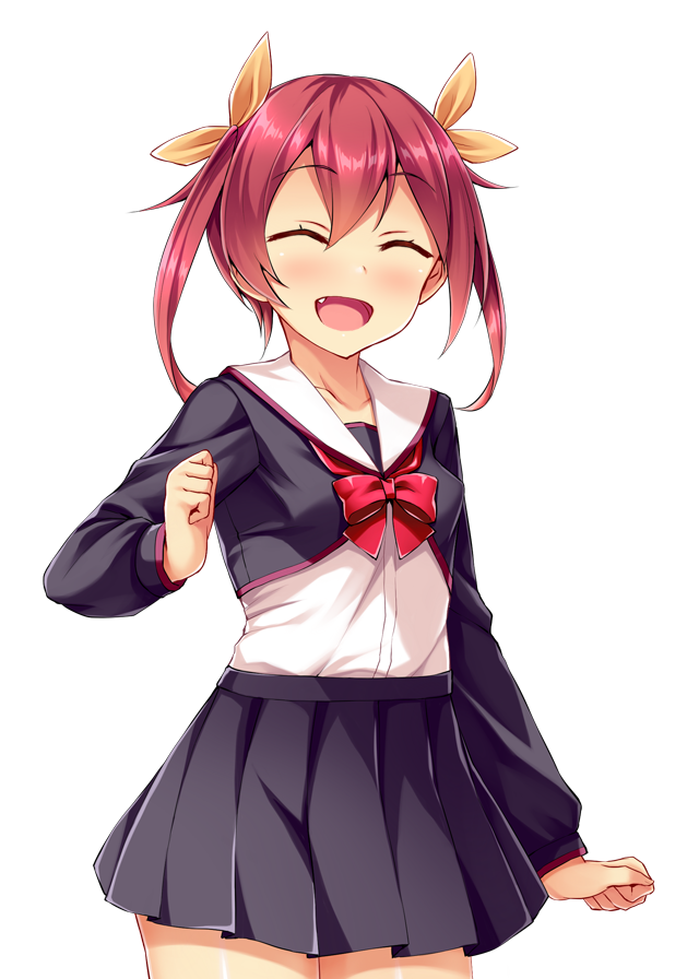 satou kuuki, game cg, large variant set, non-web source, official art, variant set, 1girl, :d, ^ ^, black skirt, black thighhighs, blush, bow, bowtie, closed eyes, collarbone, cowboy shot, facing viewer, fang, fujii natsumi (ysphere), hair between eyes, hair ribbon, long sleeves, miniskirt, open mouth, pleated skirt, red bow, red bowtie, red hair, ribbon, sailor collar, school uniform, shirt, simple background, skirt, smile, solo, soukou seiki ysphere, standing, thighhighs, transparent background, twintails, white background, white sailor collar, white shirt, yellow ribbon, zettai ryouiki