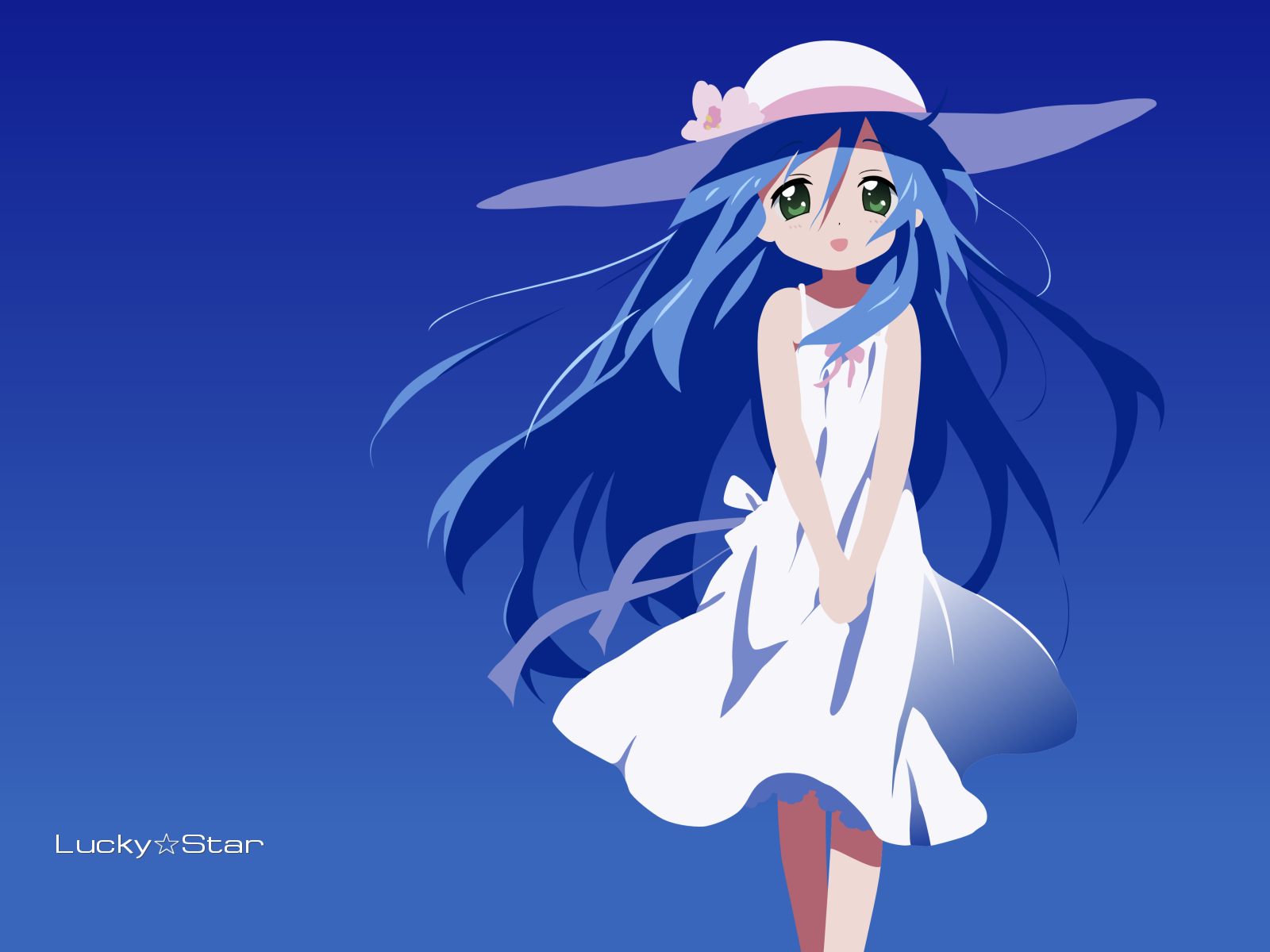 izumi kanata, lucky star, highres, tagme, 00s, blue hair, dress, green eyes, hat, sun hat, sundress
