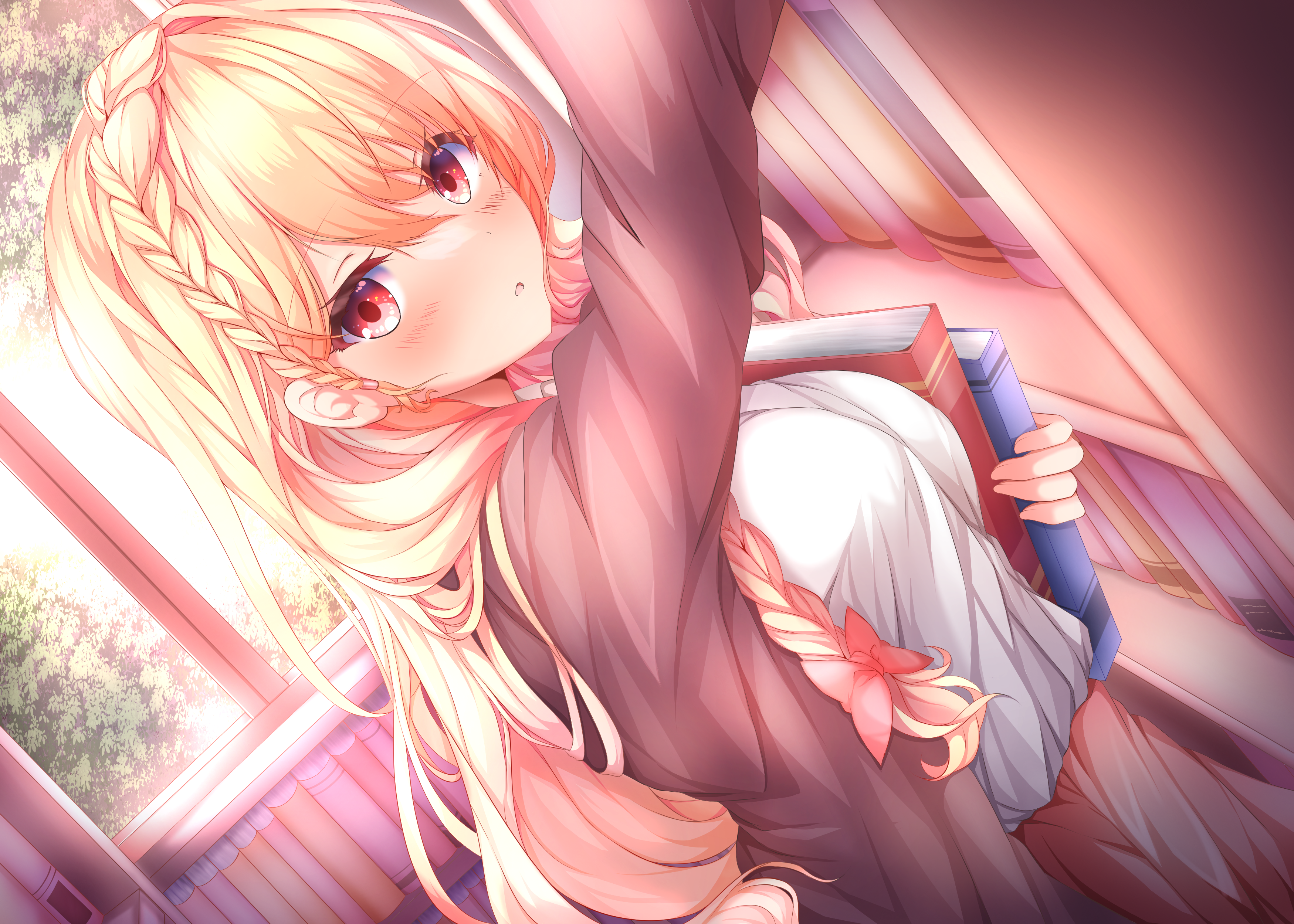 koyo aki (vtvd5277), original, absurdres, commentary, highres, 1girl, arm up, blonde hair, blush, book, bookshelf, bow, braid, breasts, brown jacket, cowboy shot, day, dutch angle, eyelashes, hair between eyes, hair bow, hair over shoulder, holding, holding book, indoors, jacket, large breasts, library, long hair, looking at viewer, open clothes, open jacket, open mouth, pink skirt, red bow, red eyes, shirt, side braid, skirt, solo, very long hair, wavy hair, white shirt, window