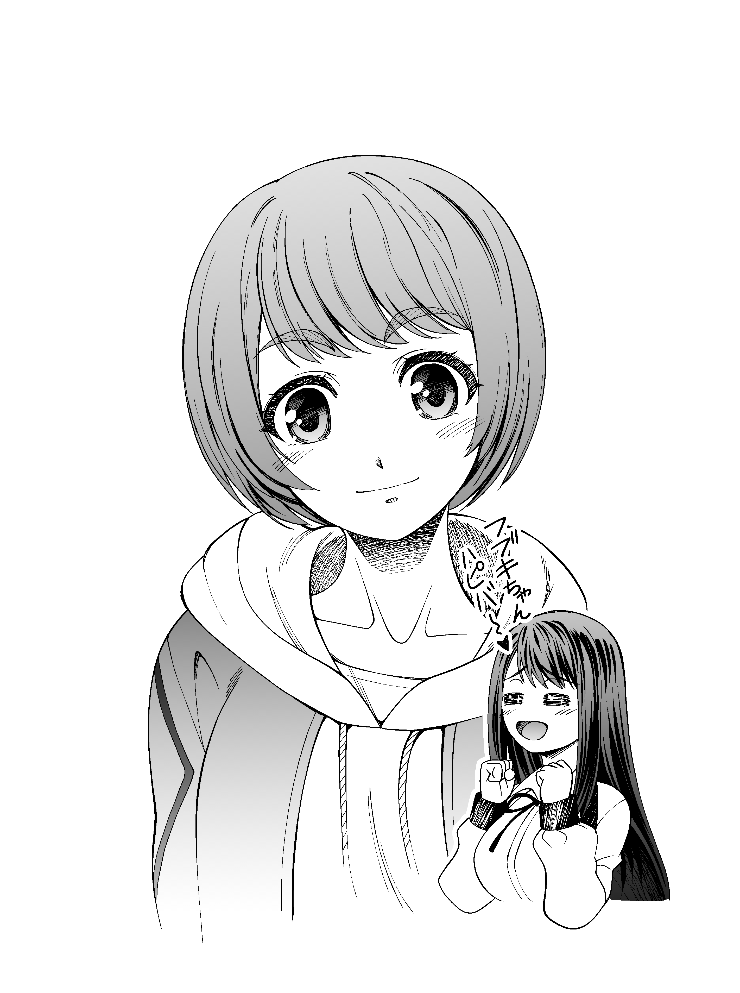 eibon, kurushima kaede, nakase katsumi, science adventure, steins;gate, steins;gate 0, absurdres, highres, 2girls, :d, blush, bob cut, closed eyes, closed mouth, greyscale, hood, hood down, hoodie, long hair, long sleeves, looking at viewer, monochrome, multiple girls, open mouth, short hair, simple background, smile, tomboy, upper body, white background