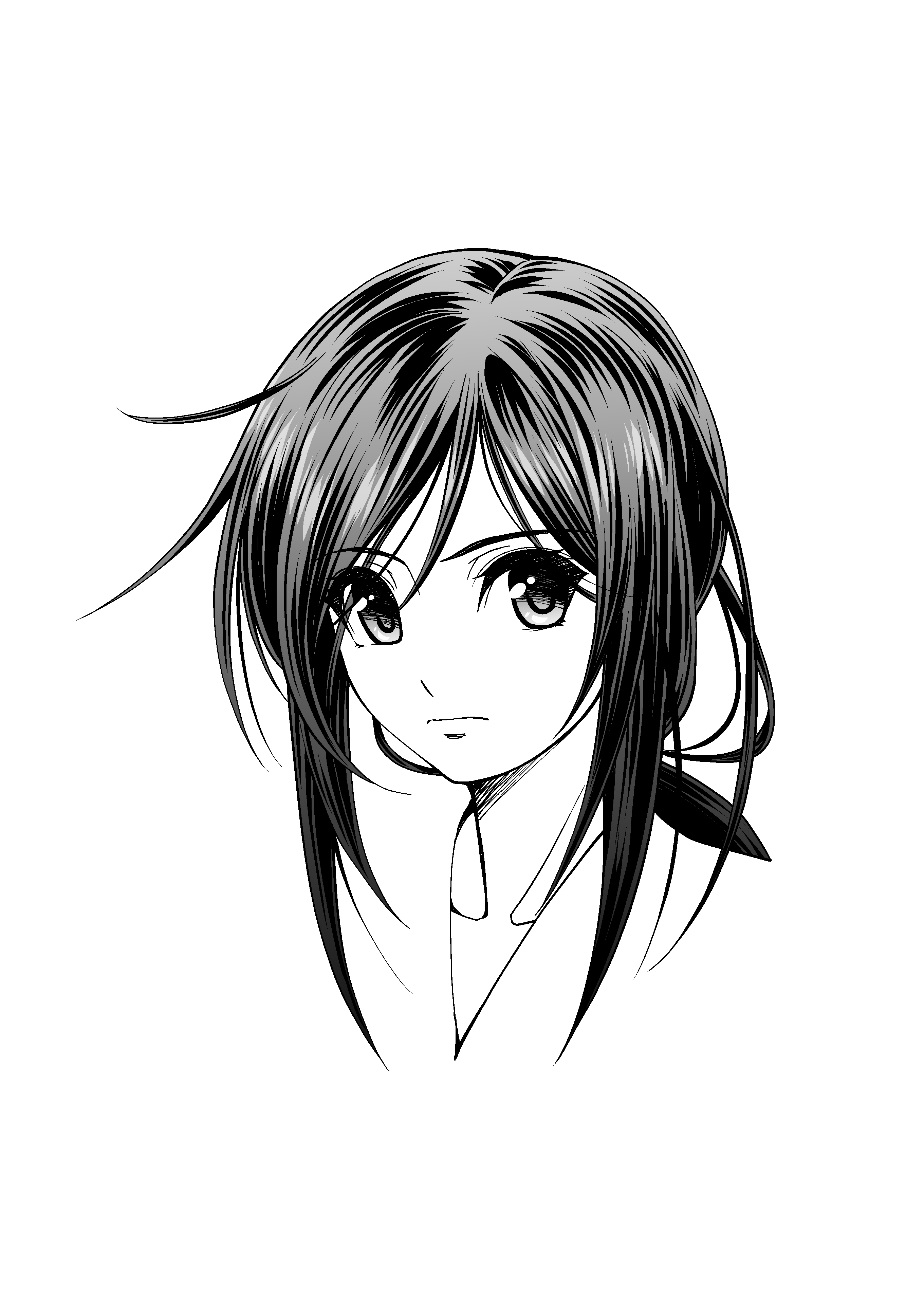 eibon, kunosato mio, chaos;child, science adventure, shiny eyes, absurdres, highres, 1girl, black hair, expressionless, greyscale, long hair, looking at viewer, looking to the side, monochrome, portrait, short hair, sidelocks, simple background, white background
