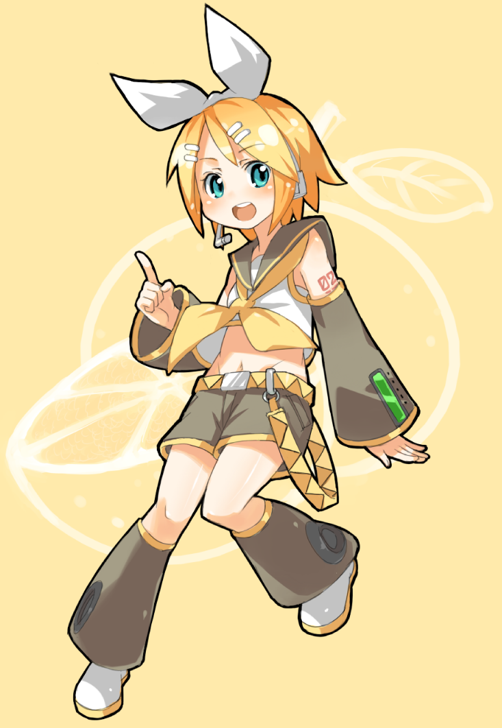 smarttiger, kagamine rin, vocaloid, bad id, bad pixiv id, 1girl, aqua eyes, blonde hair, detached sleeves, female focus, food, fruit, hair ornament, hair ribbon, hairclip, index finger raised, midriff, open mouth, orange (fruit), orange theme, ribbon, short hair, shorts, simple background, smile, solo, yellow background