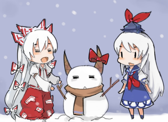 smarttiger, fujiwara no mokou, kamishirasawa keine, touhou, bad id, bad pixiv id, 2girls, :<, = =, chibi, female focus, horn ornament, horn ribbon, horns, long hair, multiple girls, open mouth, ribbon, scarf, simple background, snow, snowing, snowman, white hair, | |