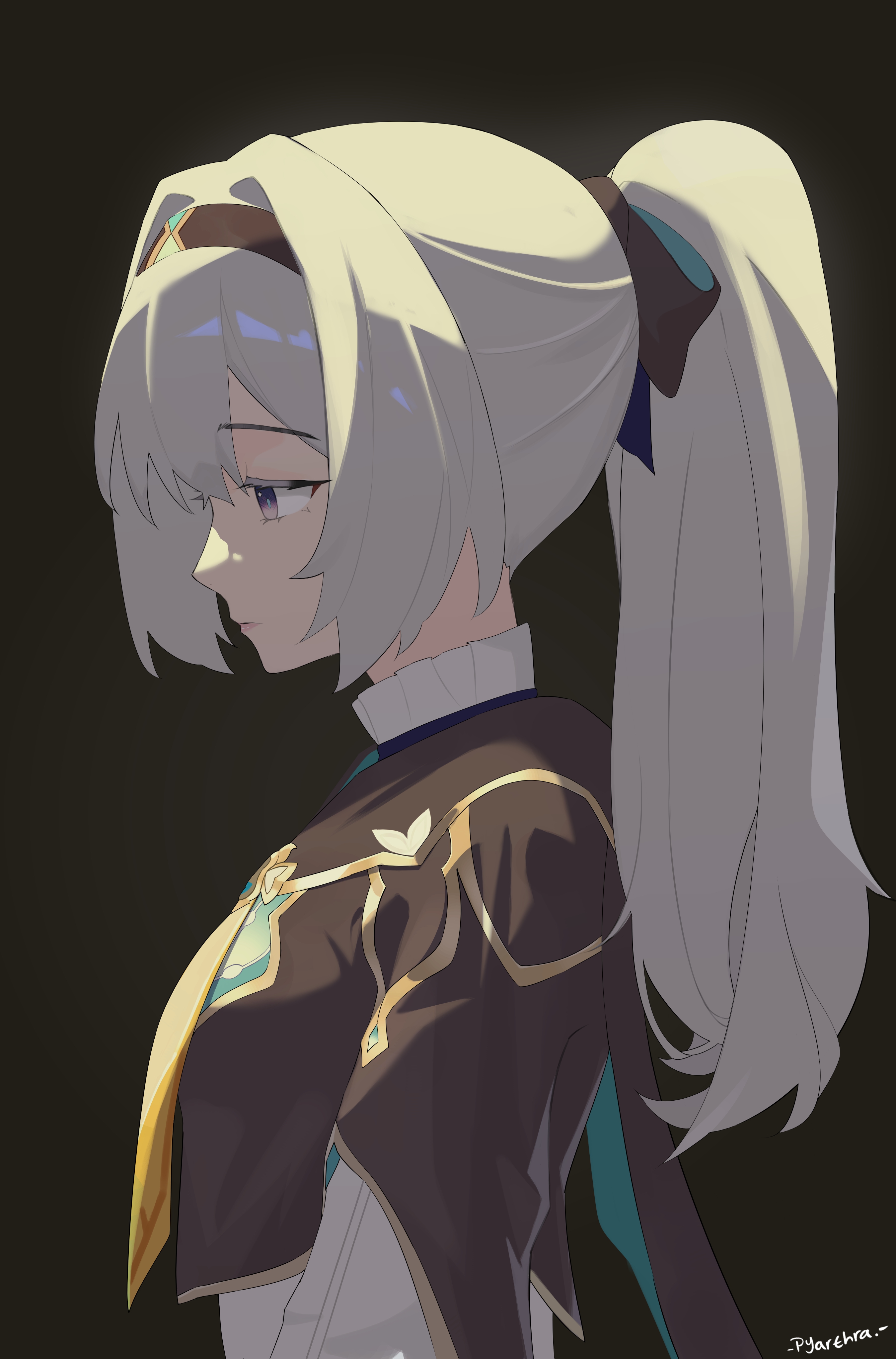 pyarthra, firefly (honkai: star rail), honkai: star rail, honkai (series), absurdres, highres, 1girl, blue ribbon, brown hairband, closed mouth, from side, gradient eyes, green pupils, grey hair, hair between eyes, hair intakes, hair ornament, hair ribbon, hairband, long hair, multicolored eyes, neckerchief, orange neckerchief, ponytail, ribbon, solo, twitter username, white sleeves