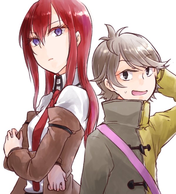 asanashi, gamon yuuta, makise kurisu, occultic;nine, science adventure, steins;gate, 1boy, 1girl, arm belt, black eyes, blue eyes, brown hair, brown jacket, crossed arms, hand in own hair, jacket, long hair, long sleeves, looking at viewer, necktie, nervous sweating, open mouth, purple eyes, purple trim, red hair, red necktie, short hair, shorts, simple background, smile, sweat, tongue, white background