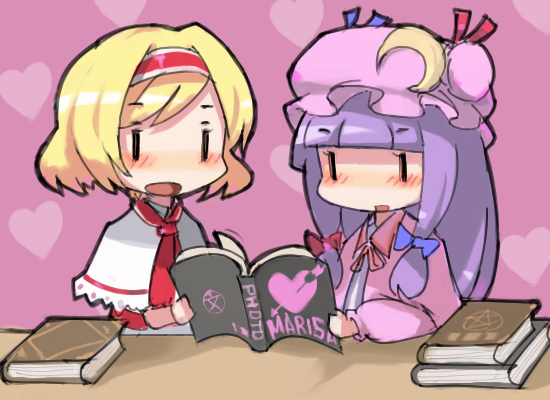 smarttiger, alice margatroid, patchouli knowledge, touhou, bad id, bad pixiv id, 2girls, blonde hair, blush, book, chibi, female focus, heart, long hair, multiple girls, purple hair, short hair, | |