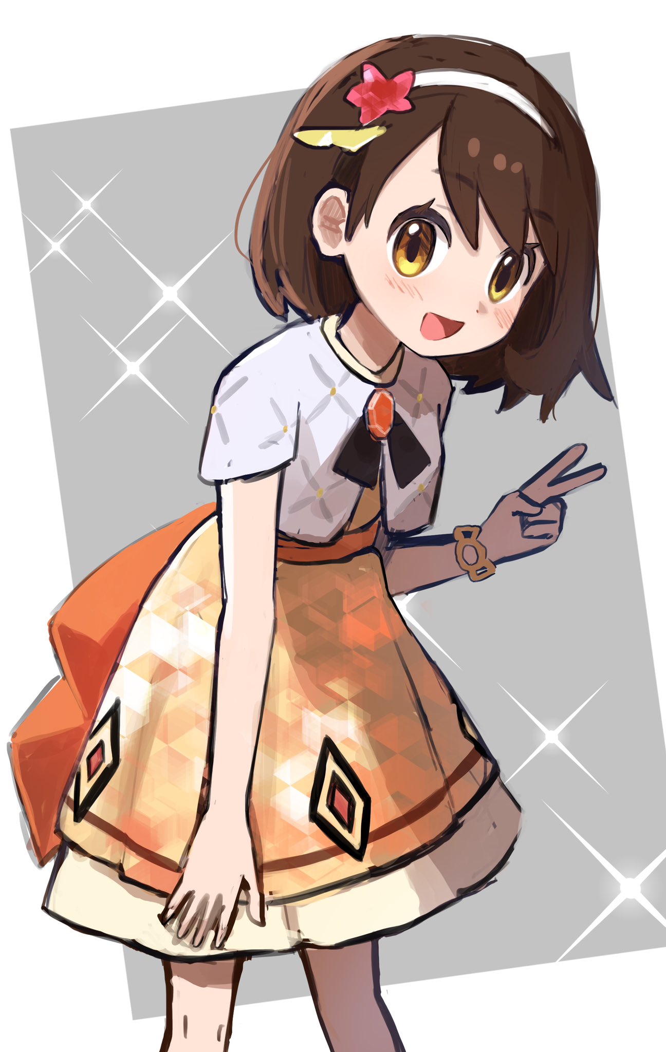 peppedayo ne, gloria (anniversary 2025) (pokemon), gloria (pokemon), nintendo, pokemon, pokemon masters ex, highres, 1girl, bracelet, brown eyes, brown hair, dress, flower, gem, gradient clothes, hair ornament, hairband, jewelry, official alternate costume, open mouth, orange dress, orange gemstone, short hair, short sleeves, v, white hairband