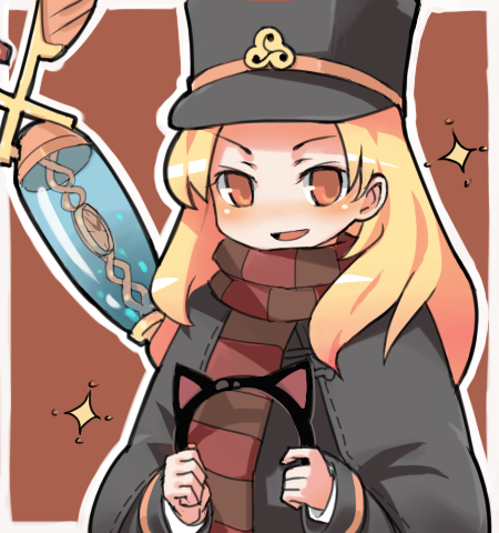 smarttiger, chiaki (shigofumi), matoma, shigofumi, bad id, bad pixiv id, lowres, 00s, 1girl, animal ears, blonde hair, blush, fake animal ears, female focus, hat, long hair, orange eyes, scarf, shako cap, solo, striped clothes, striped scarf