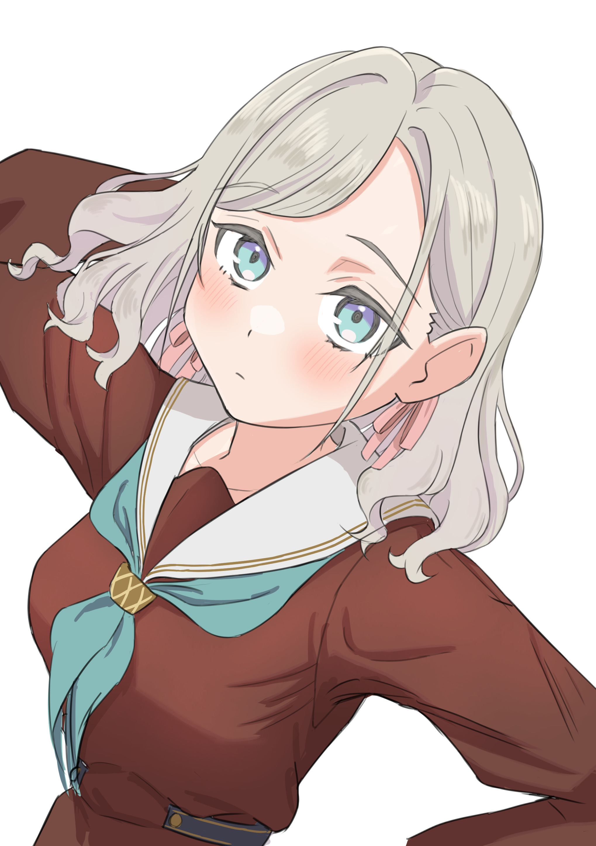 wotan (wotandesu), ceras yanagida lilienfeld, link! like! love live!, love live!, absurdres, commentary, highres, 1girl, aqua neckerchief, arm up, blue eyes, blush, breasts, brown dress, closed mouth, collarbone, dress, expressionless, grey hair, hair ribbon, hasu no sora school uniform, large breasts, long hair, long sleeves, looking at viewer, neckerchief, pink ribbon, ribbon, sailor collar, sailor dress, school uniform, scratching head, simple background, solo, swept bangs, upper body, virtual youtuber, w, wavy hair, white background, white sailor collar, winter uniform