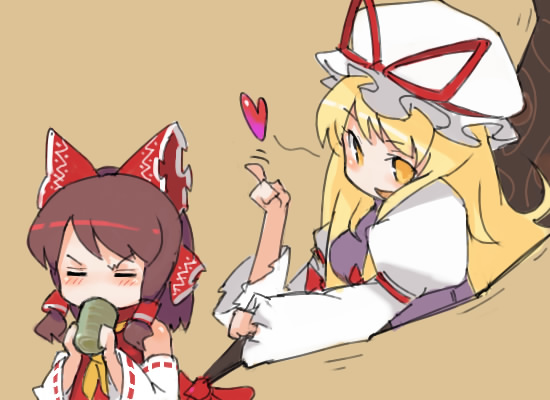 smarttiger, hakurei reimu, yakumo yukari, touhou, bad id, bad pixiv id, 2girls, = =, annoyed, blonde hair, blush, brown hair, cup, drinking, female focus, gap (touhou), hair ribbon, hat, heart, index finger raised, long hair, multiple girls, orange eyes, ribbon