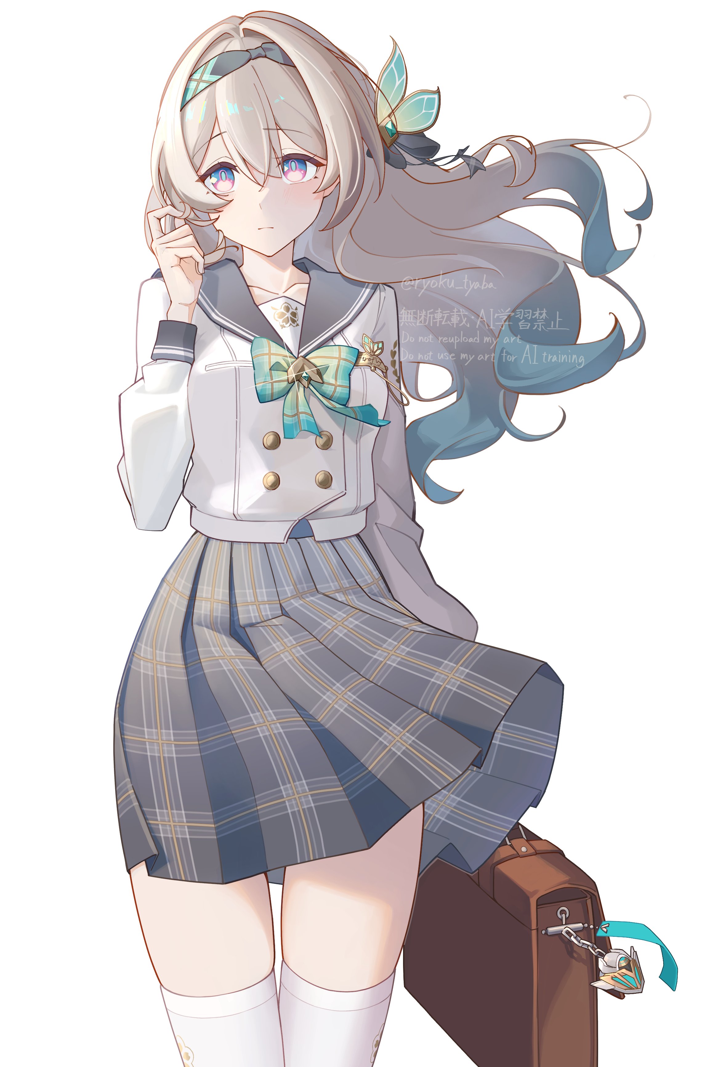 ryoku tyaba, firefly (honkai: star rail), firefly (spring missive) (honkai: star rail), honkai: star rail, honkai (series), absurdres, highres, 1girl, bag, black ribbon, blush, bow, bowtie, brown bag, buttons, collared shirt, double-breasted, gradient eyes, gradient hair, green bow, green bowtie, green pupils, grey hair, grey hairband, grey sailor collar, grey skirt, hair between eyes, hair intakes, hair ornament, hair ribbon, hairband, handbag, holding, holding bag, long hair, long sleeves, multicolored eyes, multicolored hair, multiple girls, open mouth, plaid bow, plaid bowtie, plaid clothes, pleated skirt, ribbon, sailor collar, shirt, simple background, skirt, smile, solo, teeth, thighhighs, twitter username, white background, white shirt, white sleeves, white thighhighs
